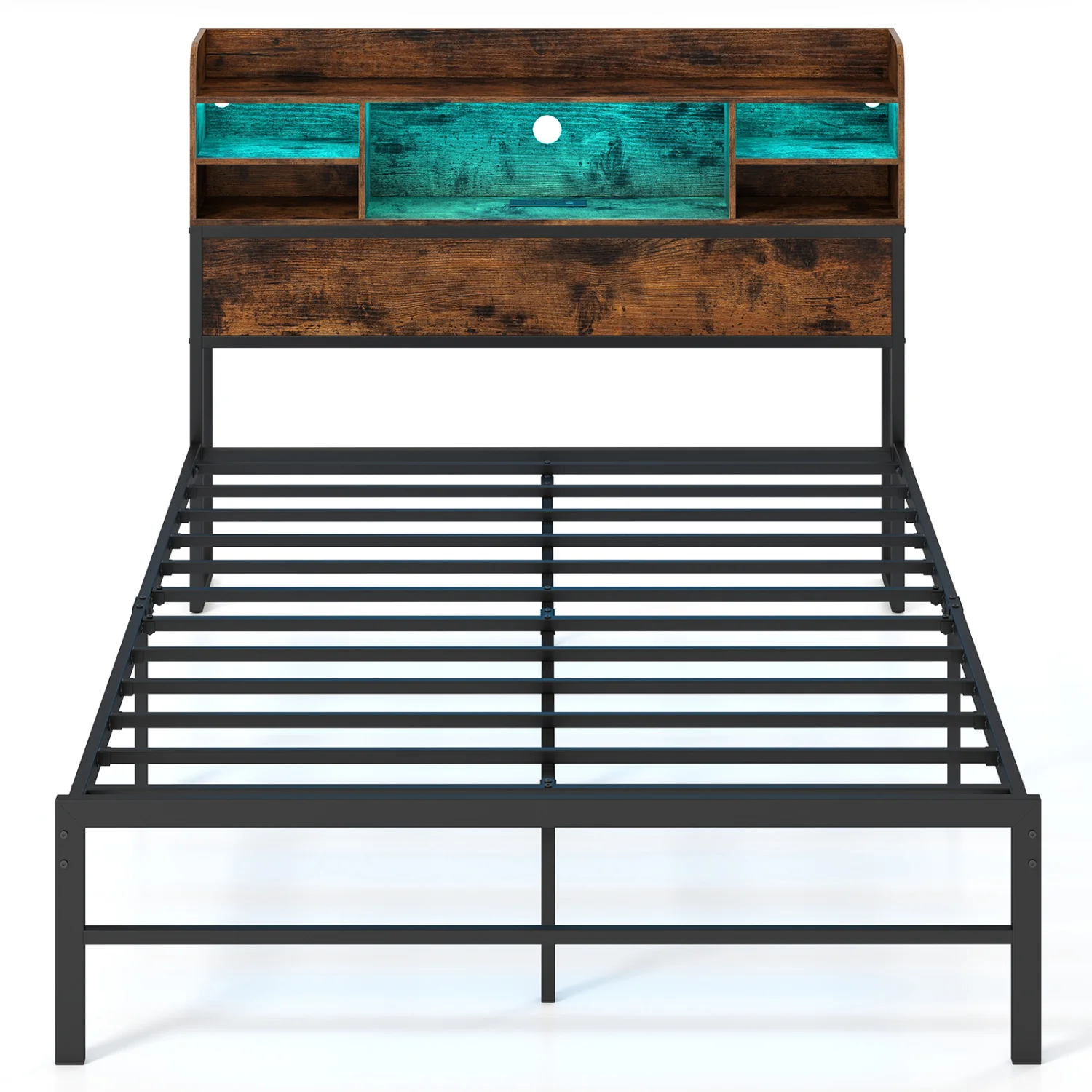 Full Size Bed Frame with LED Lights, Charging Station, Rustic Brown