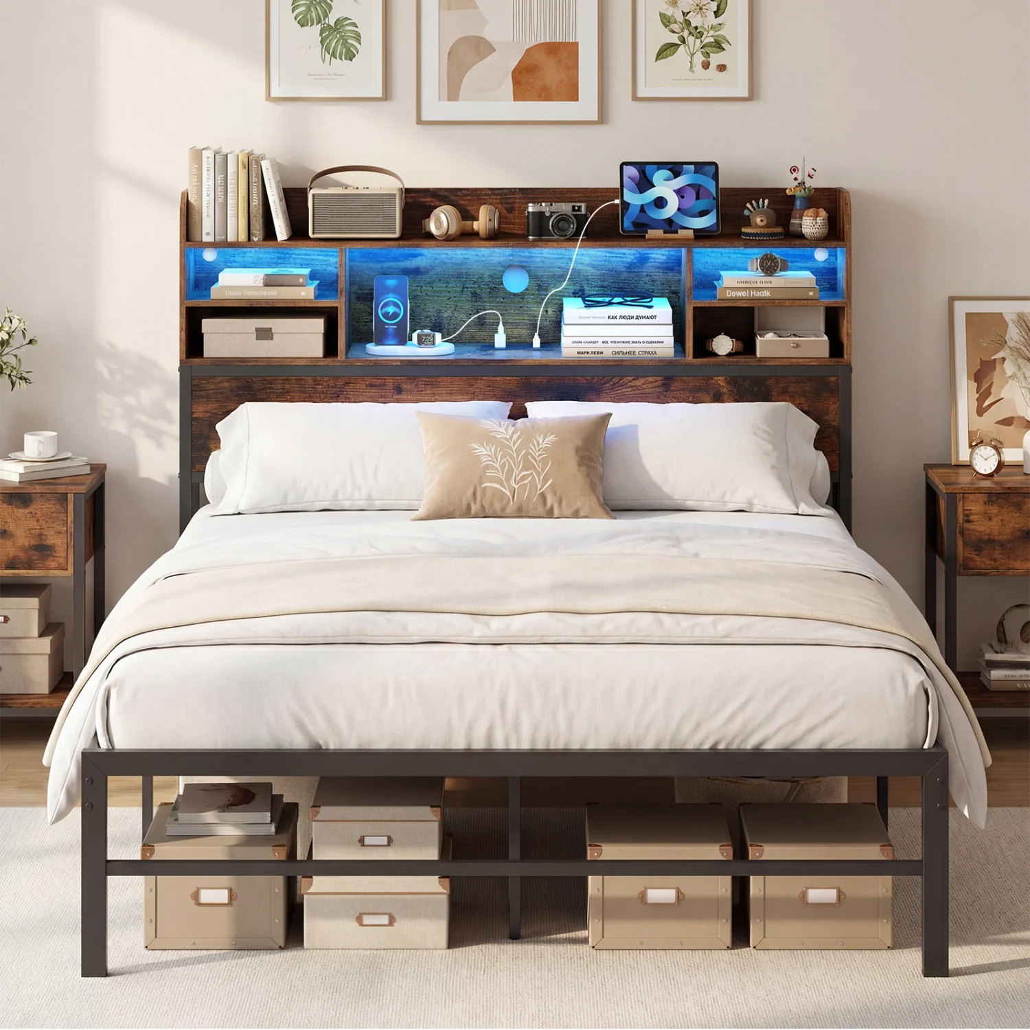 Full Size Bed Frame with LED Lights, Charging Station, Rustic Brown - Image 2