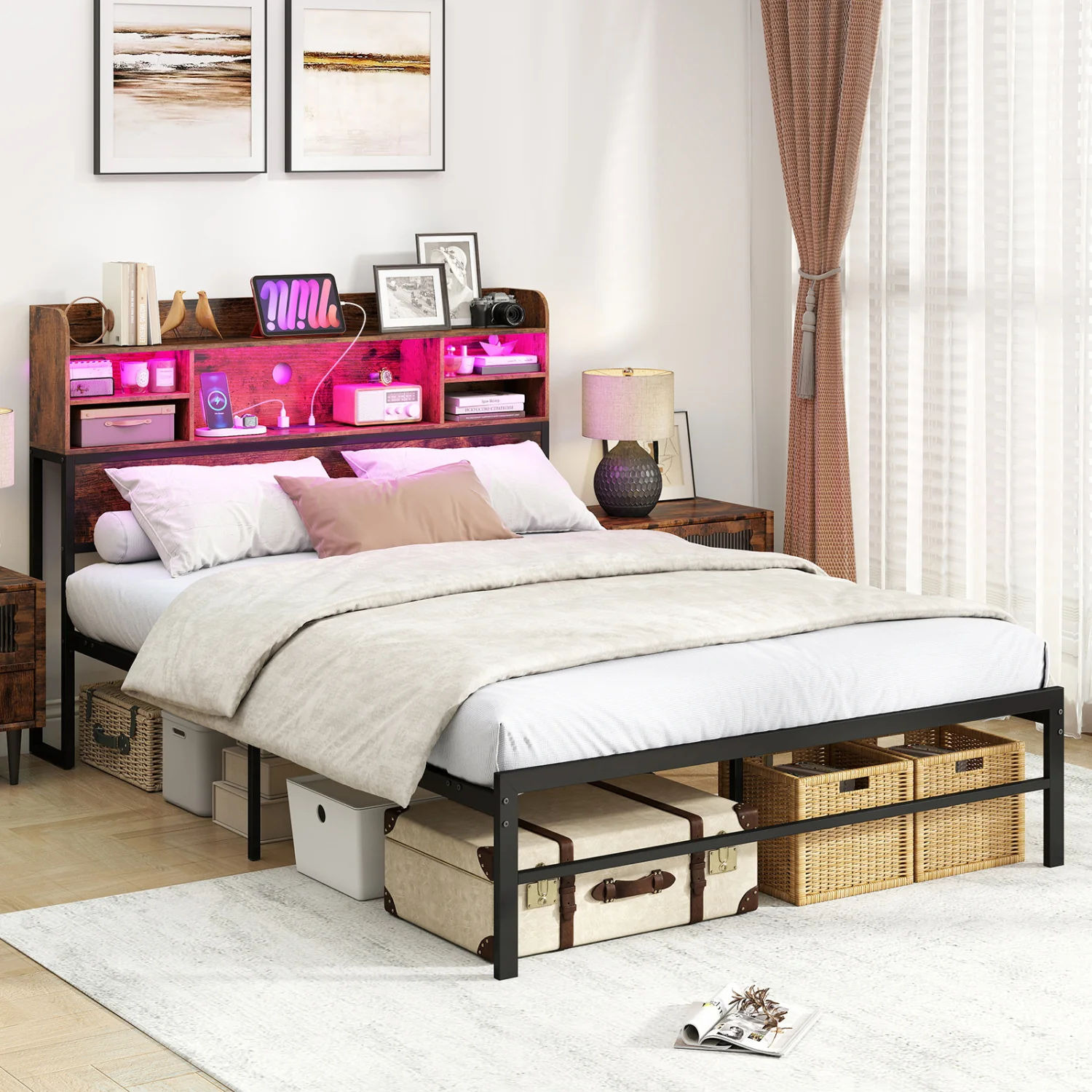 Full Size Bed Frame with LED Lights, Charging Station, Rustic Brown - Image 3