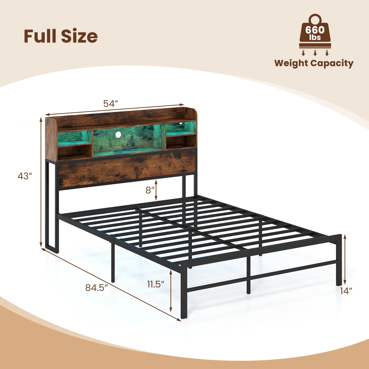 Full Size Bed Frame with LED Lights, Charging Station, Rustic Brown - Image 4
