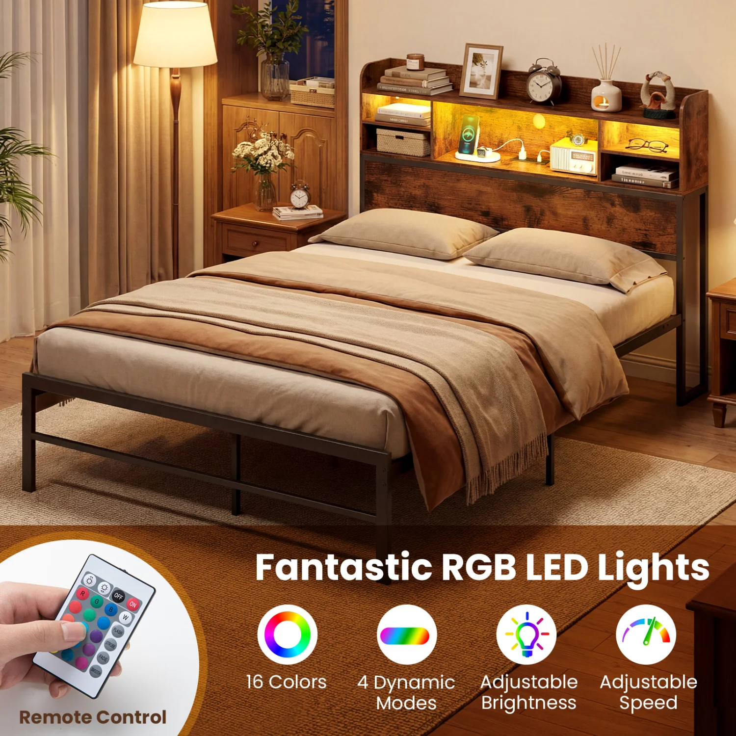 Full Size Bed Frame with LED Lights, Charging Station, Rustic Brown - Image 5