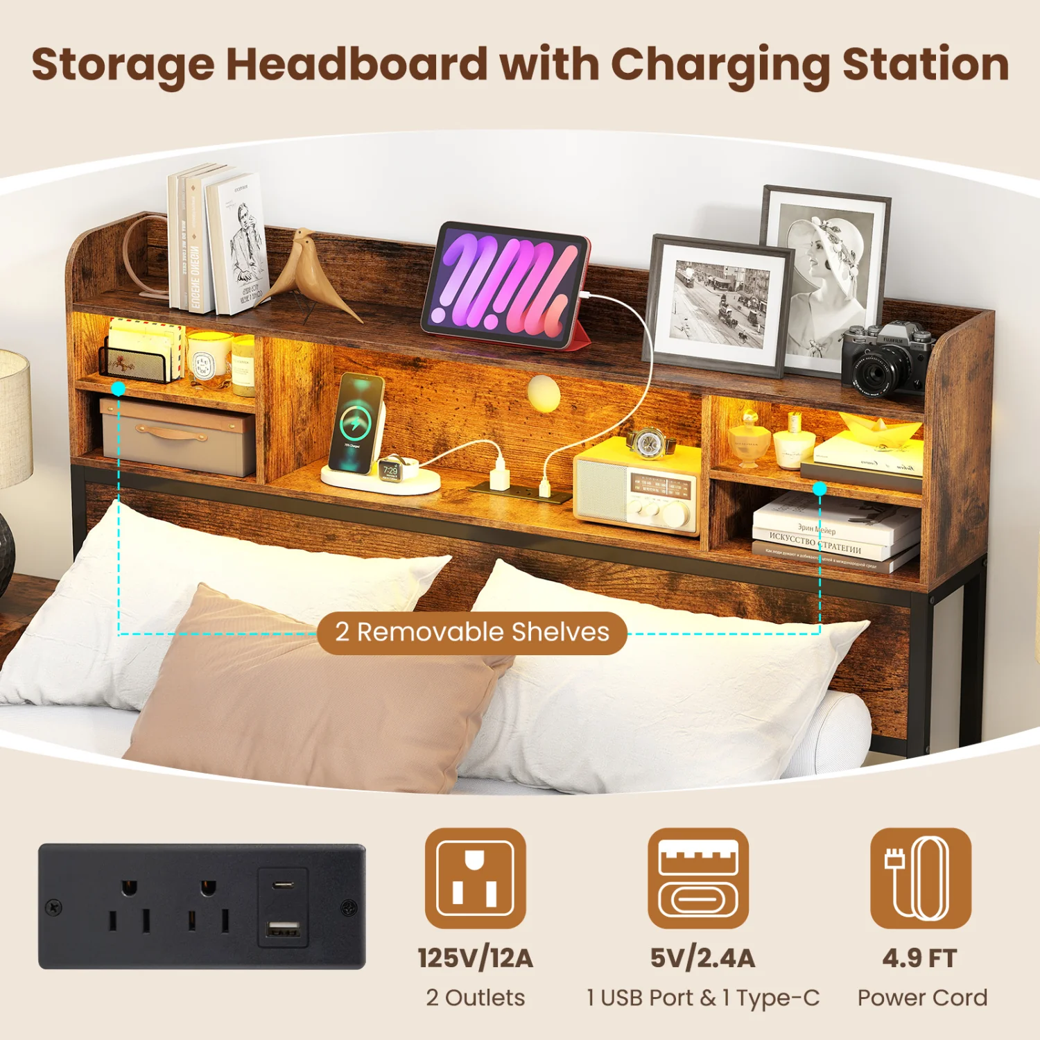 Full Size Bed Frame with LED Lights, Charging Station, Rustic Brown - Image 6