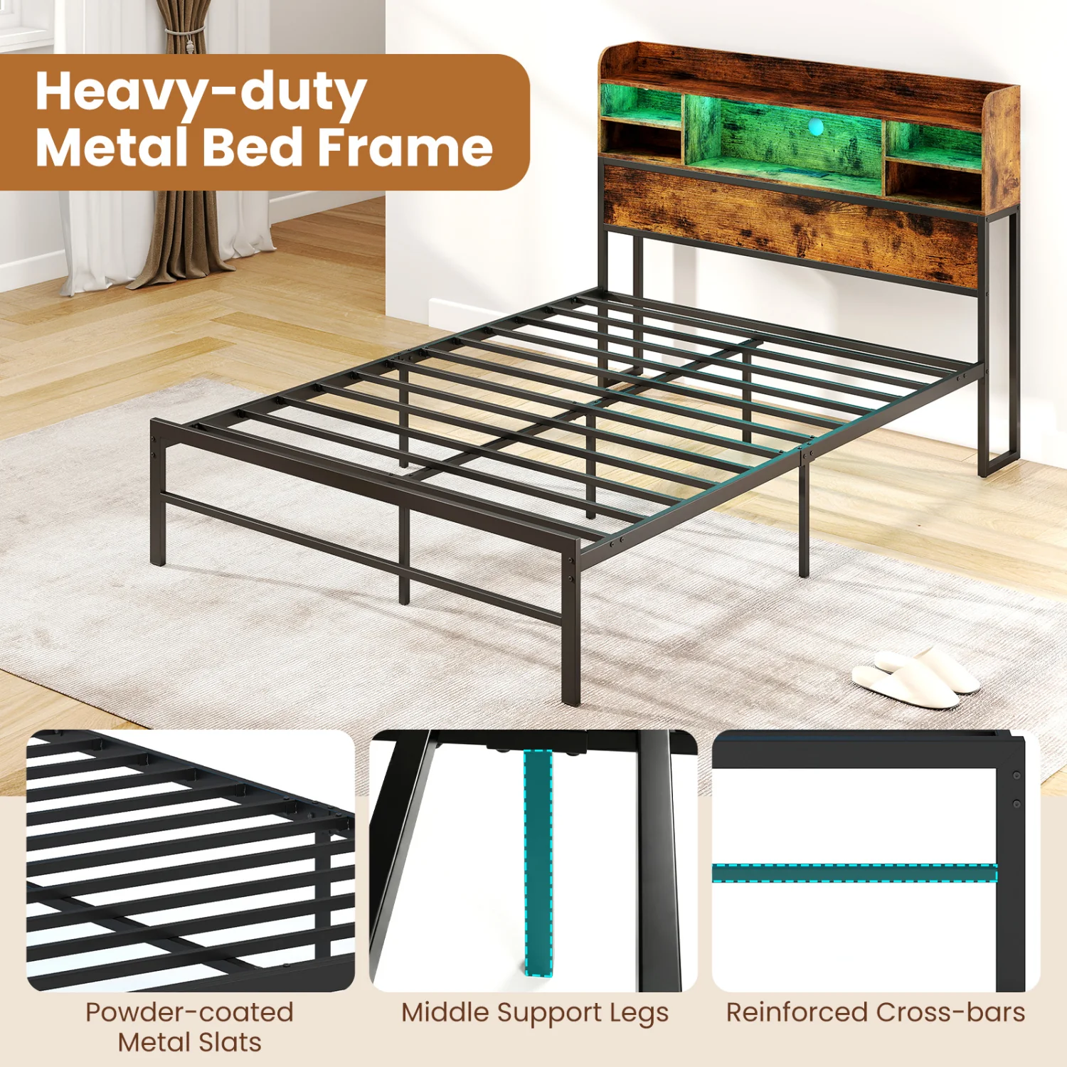 Full Size Bed Frame with LED Lights, Charging Station, Rustic Brown - Image 7