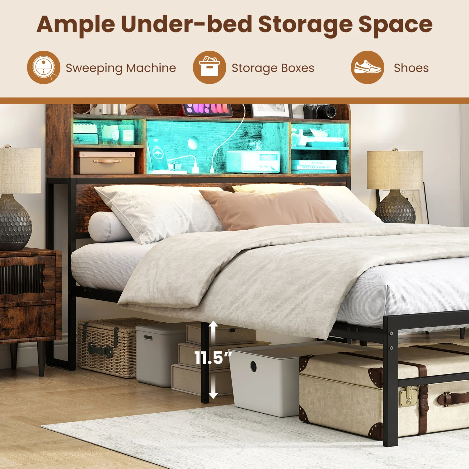 Full Size Bed Frame with LED Lights, Charging Station, Rustic Brown - Image 8
