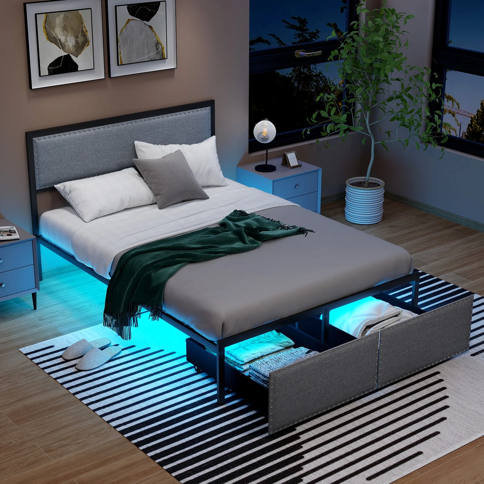 Full Size Bed Frame With LED Lights, Drawer, Metal Slats, Gray - Image 2