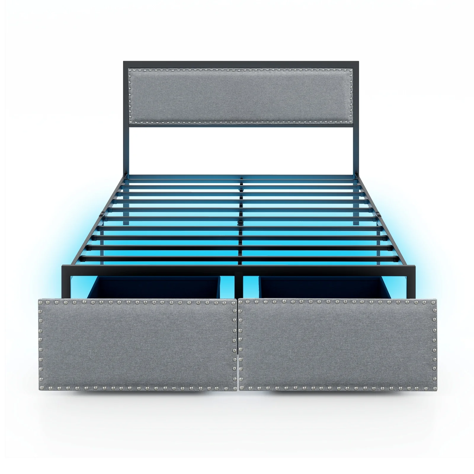 Full Size Bed Frame With LED Lights, Drawer, Metal Slats, Gray - Image 4