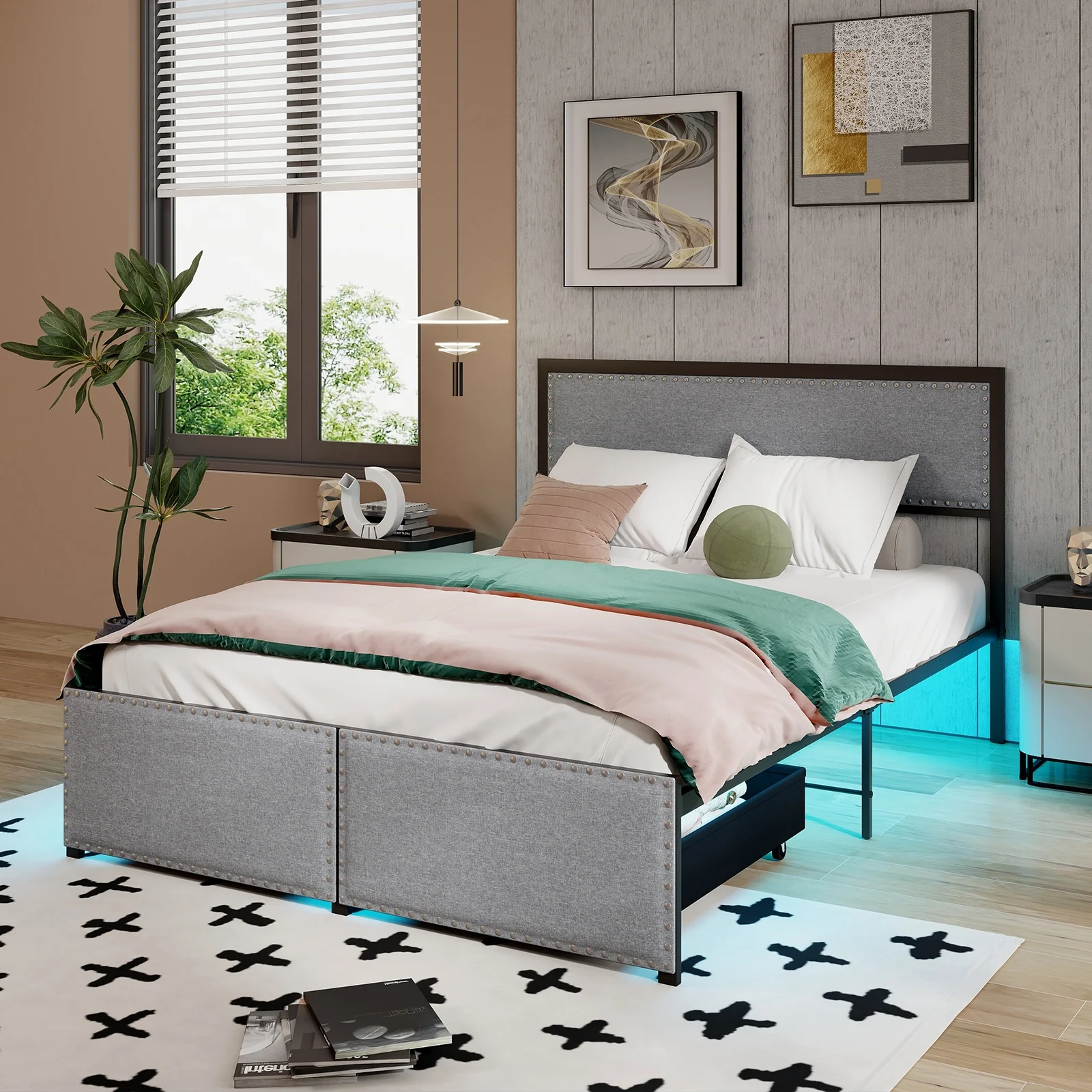 Full Size Bed Frame With LED Lights, Drawer, Metal Slats, Gray - Image 6