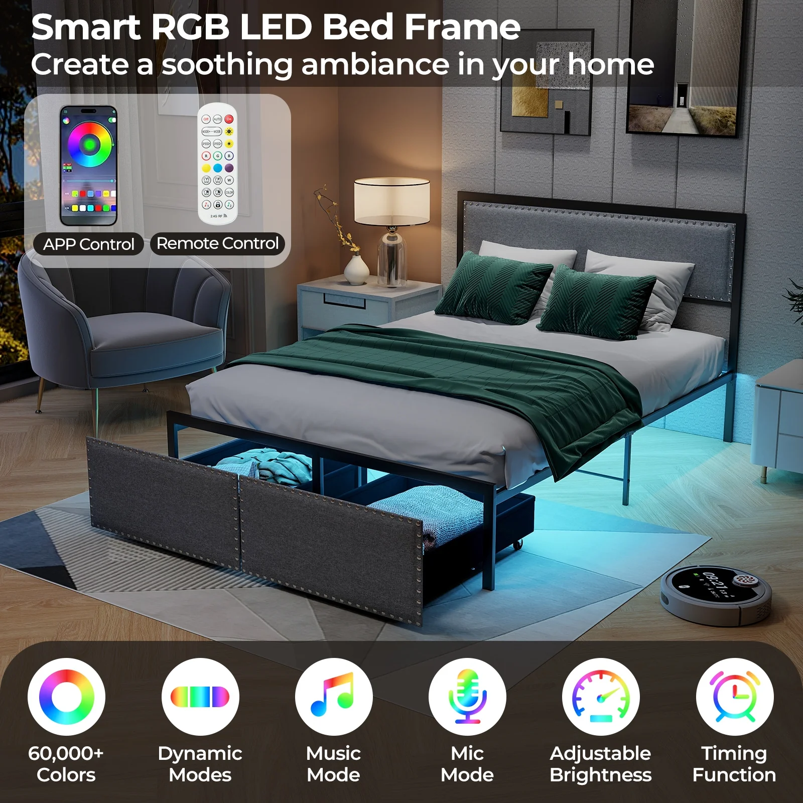 Full Size Bed Frame With LED Lights, Drawer, Metal Slats, Gray - Image 7