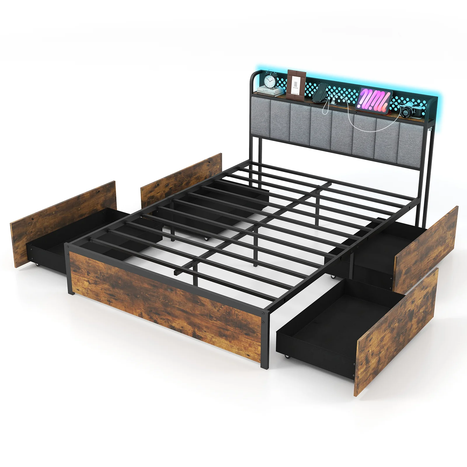 Full Size Bed Frame With LED Lights, Upholstered Headboard, 4 Storage Drawers
