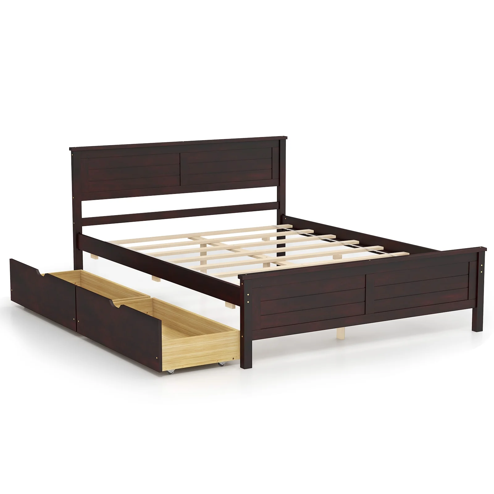 Full Size Bed Frame With Storage Drawers, Solid Wood Headboard, Espresso