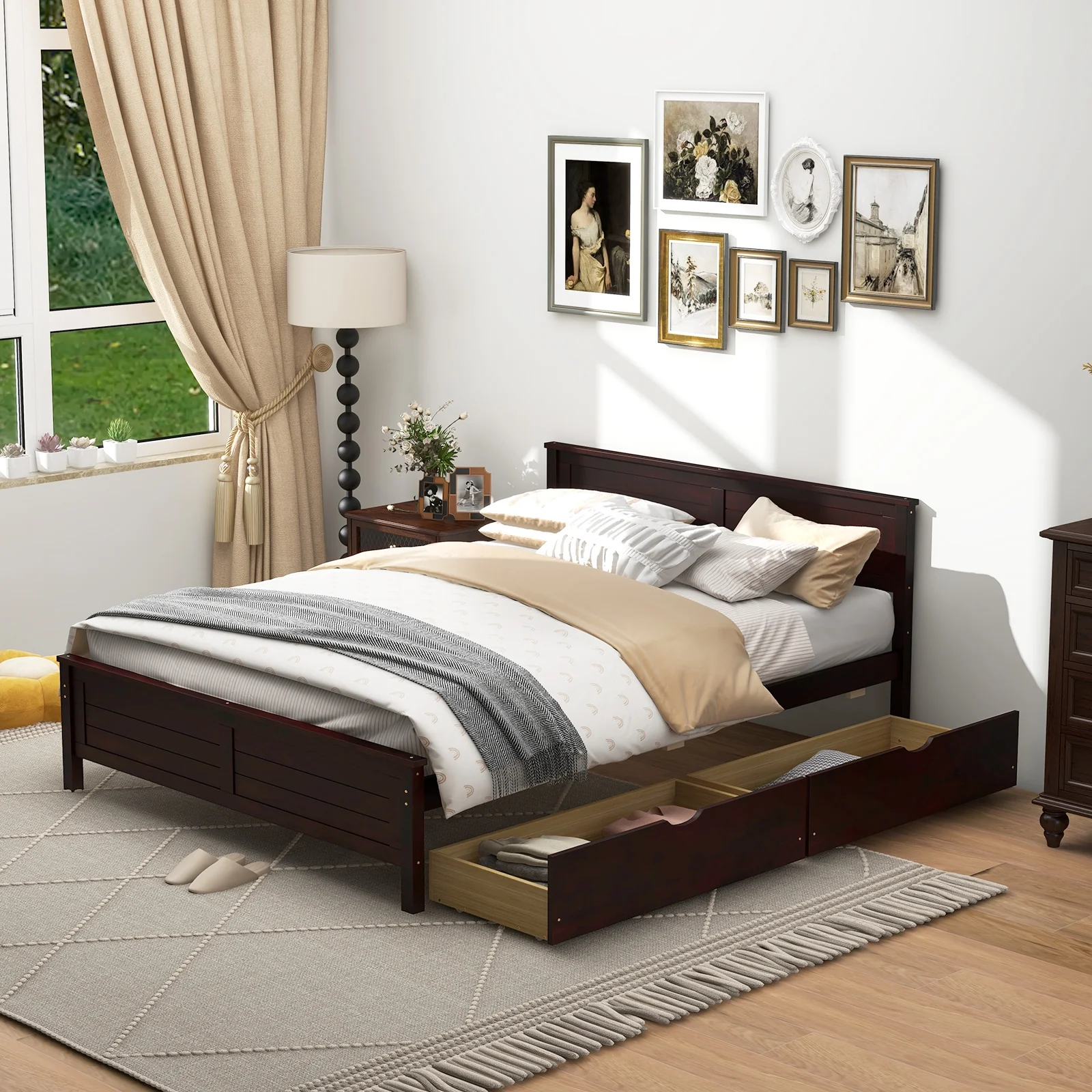 Full Size Bed Frame With Storage Drawers, Solid Wood Headboard, Espresso - Image 2