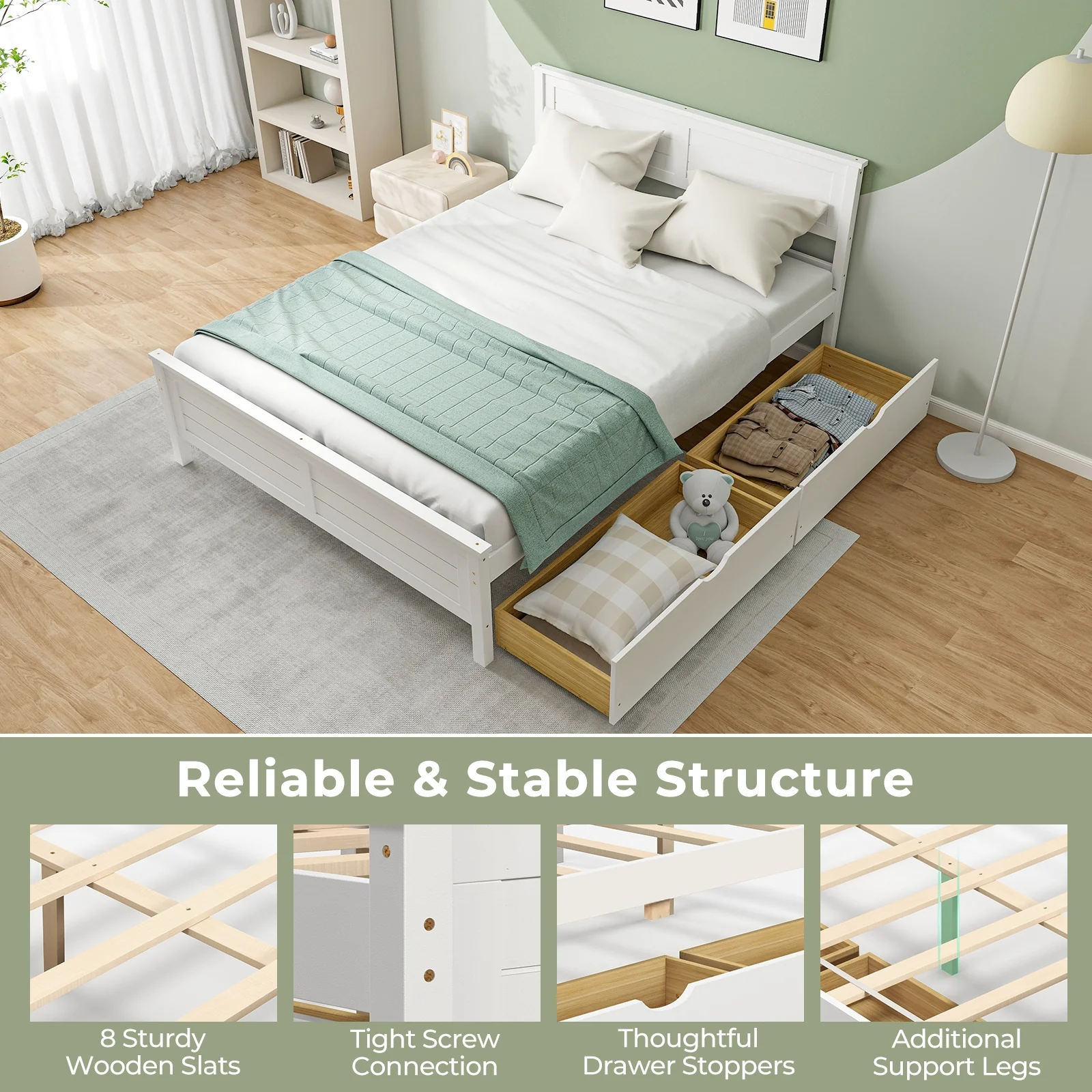 Full Size Bed Frame With Storage Drawers, Solid Wood Headboard, White - Image 10