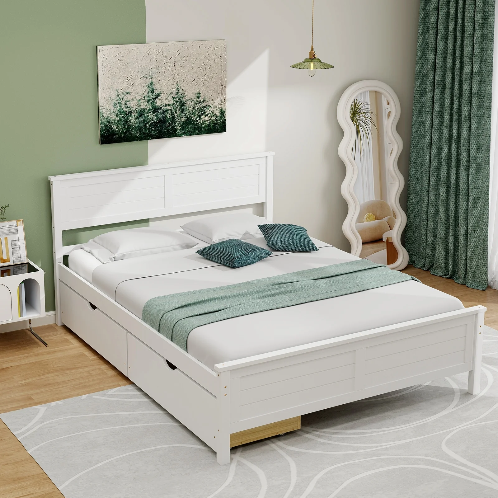 Full Size Bed Frame With Storage Drawers, Solid Wood Headboard, White - Image 2