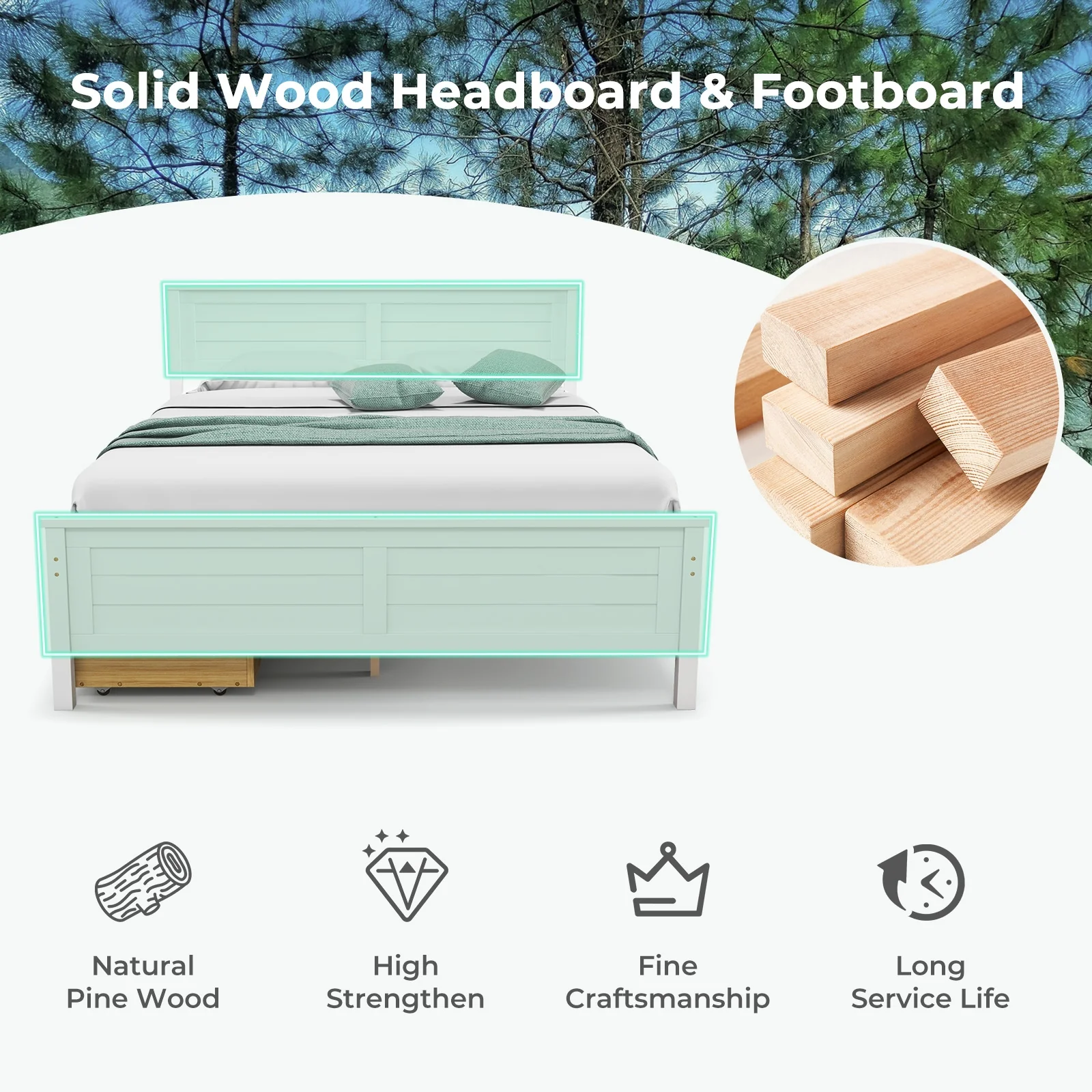 Full Size Bed Frame With Storage Drawers, Solid Wood Headboard, White - Image 9
