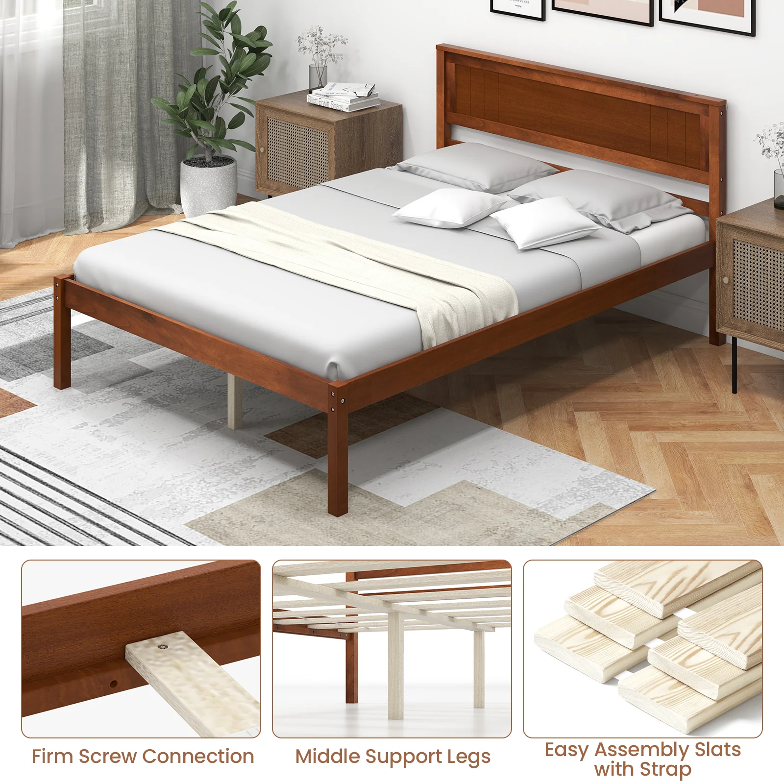 Full Size Bed Frame With Wooden Headboard, Slat Support, Walnut - Image 10