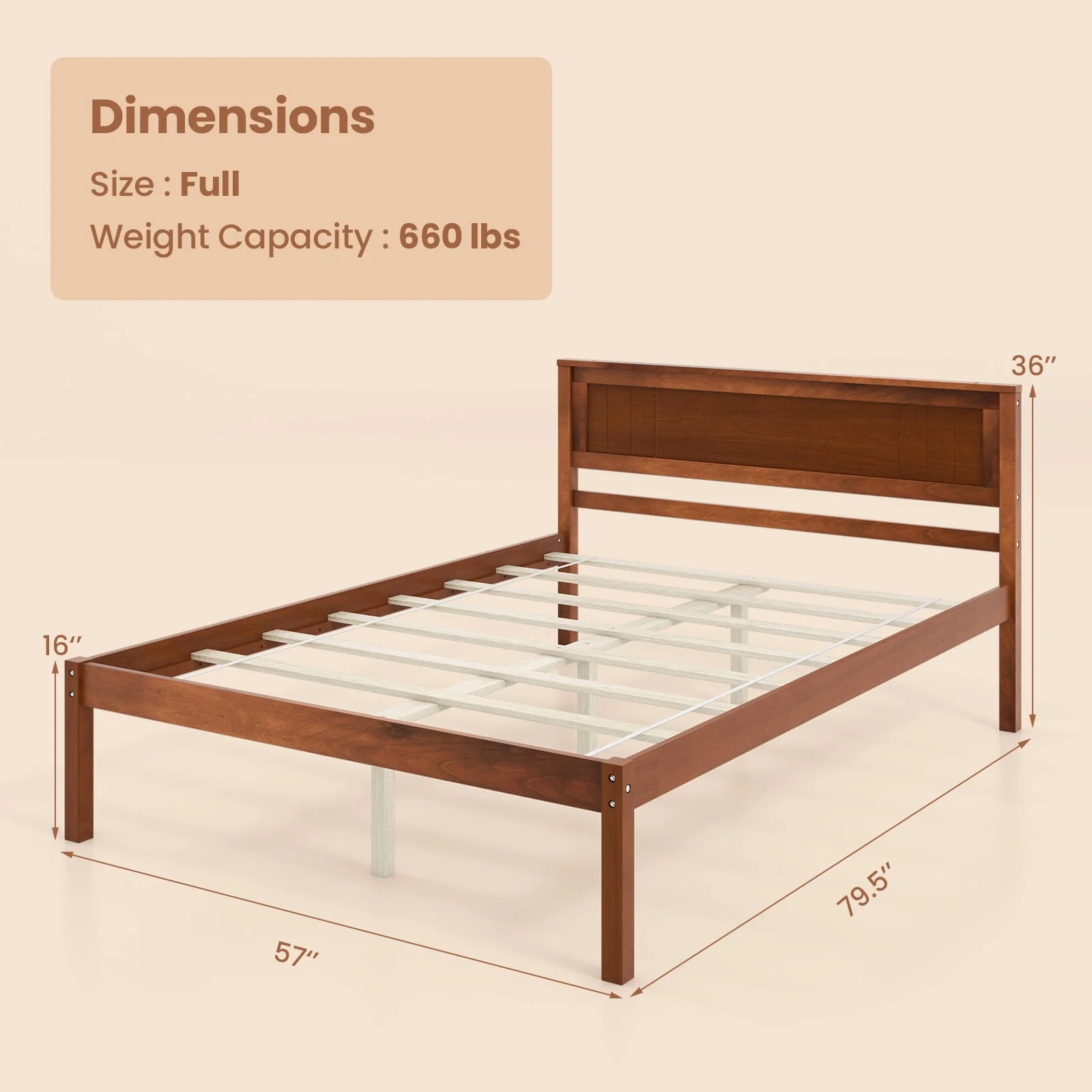 Full Size Bed Frame With Wooden Headboard, Slat Support, Walnut - Image 5