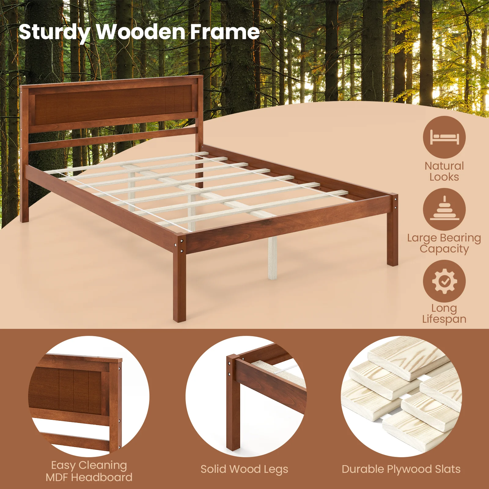 Full Size Bed Frame With Wooden Headboard, Slat Support, Walnut - Image 8