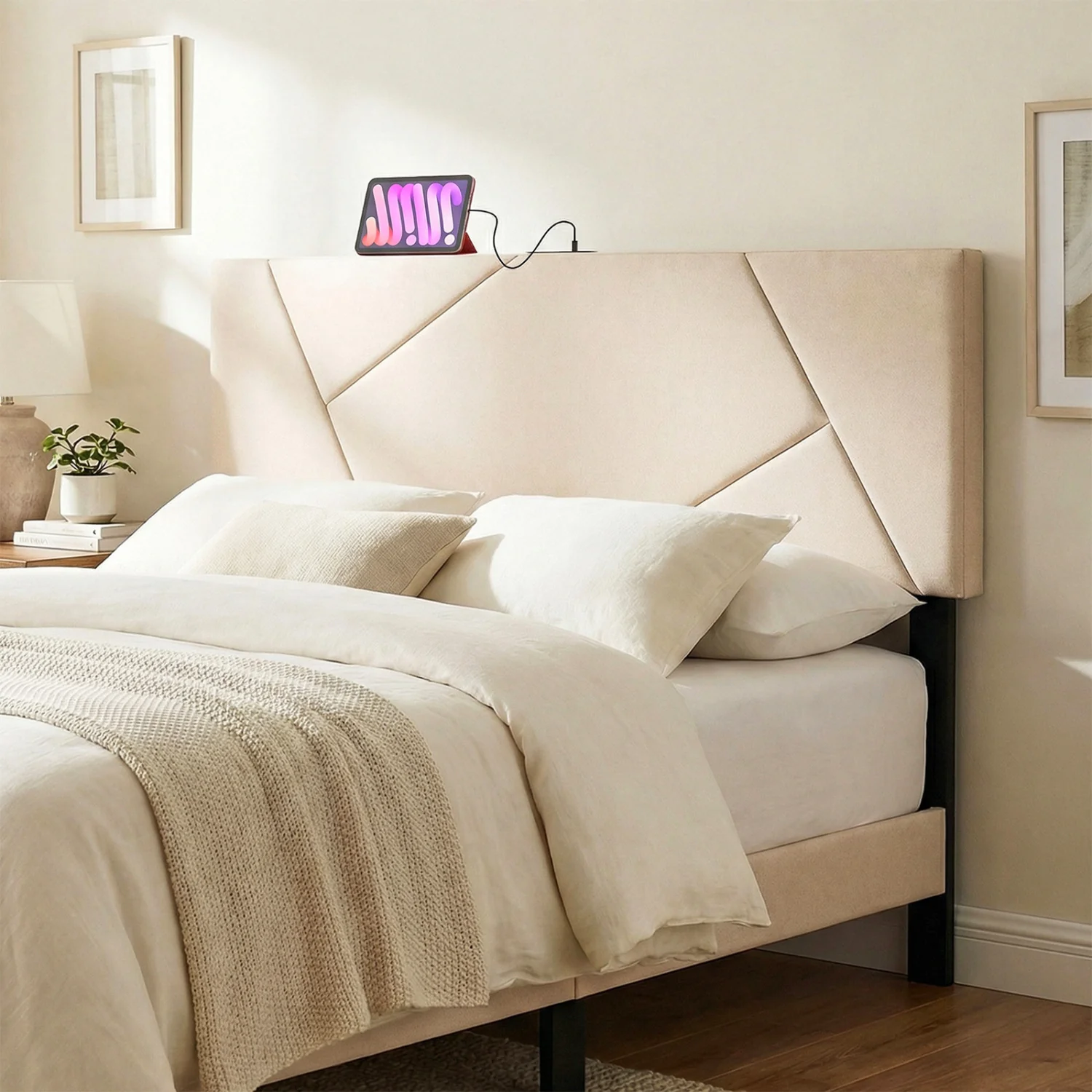 Full Size Bed Headboard, Queen Geometric Upholstered, Beige - Image 3