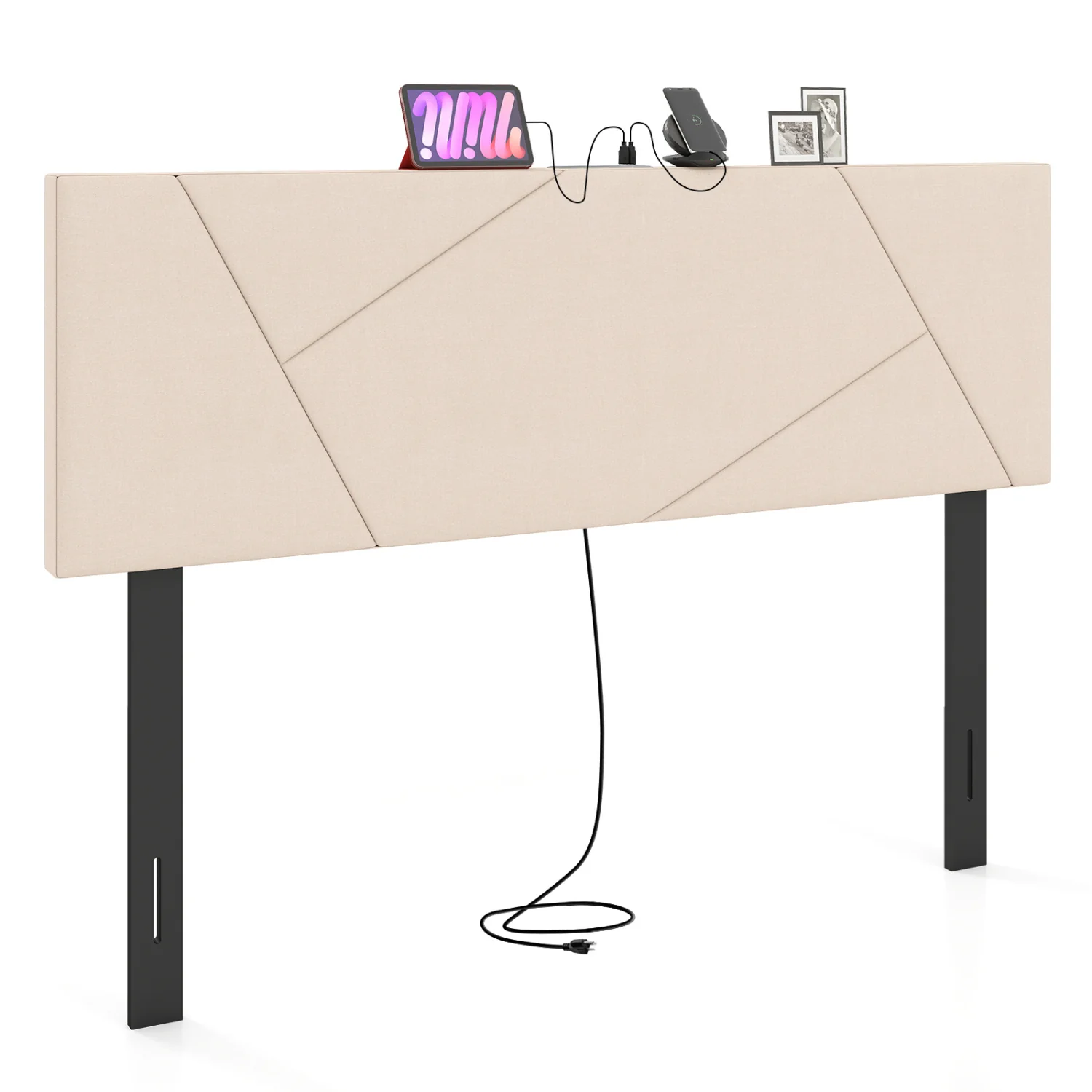 Full Size Bed Headboard, Queen Geometric Upholstered, Beige - Image 5