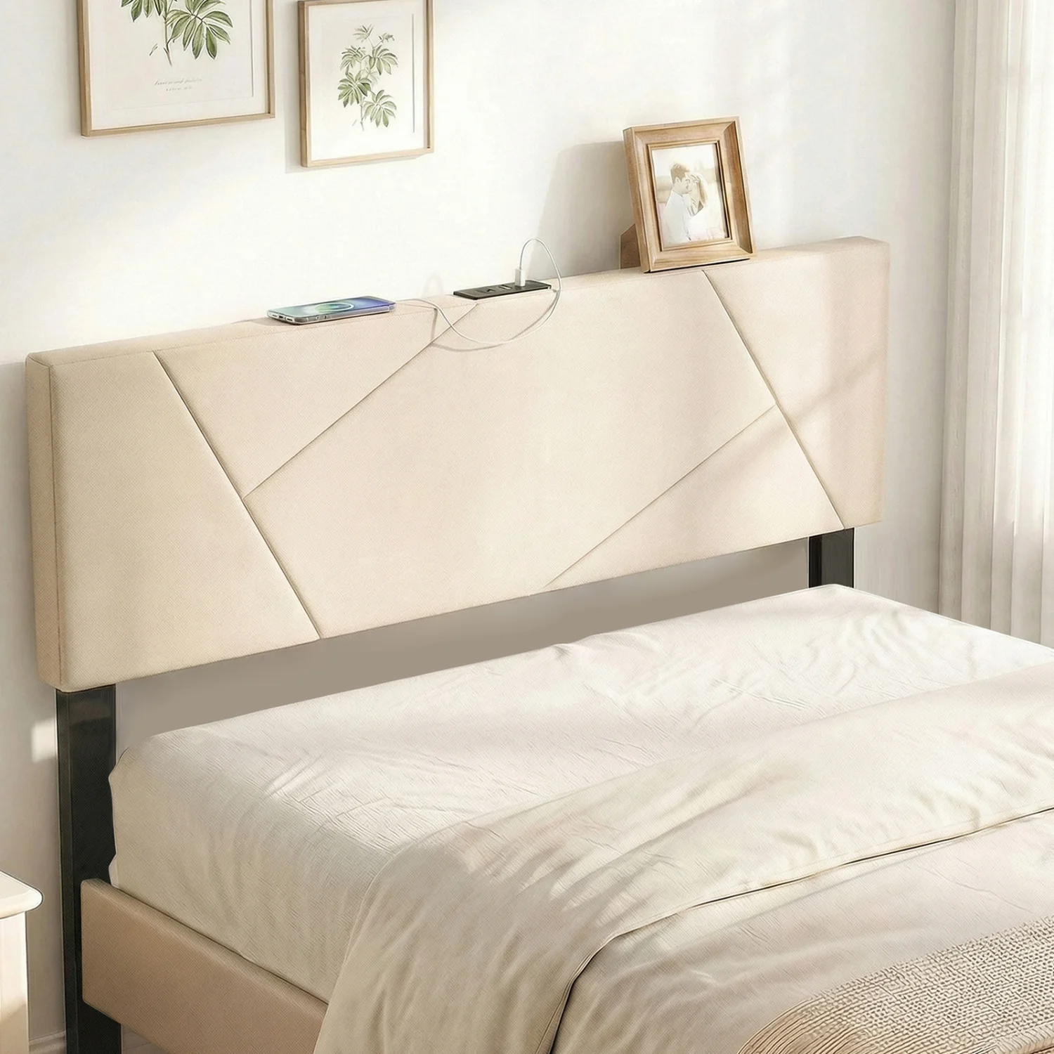 Full Size Bed Headboard, Queen Geometric Upholstered, Beige - Image 7