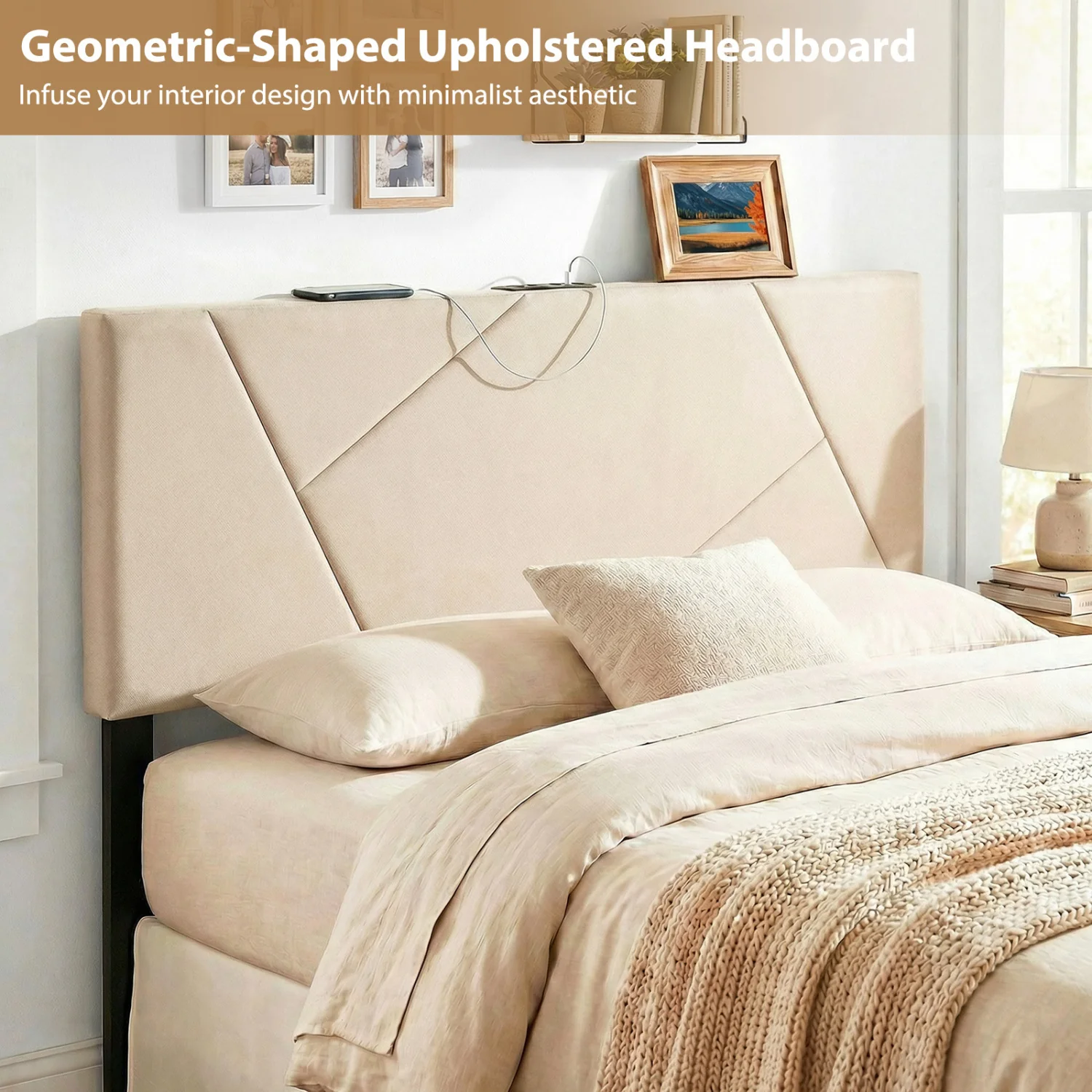 Full Size Bed Headboard, Queen Geometric Upholstered, Beige - Image 9