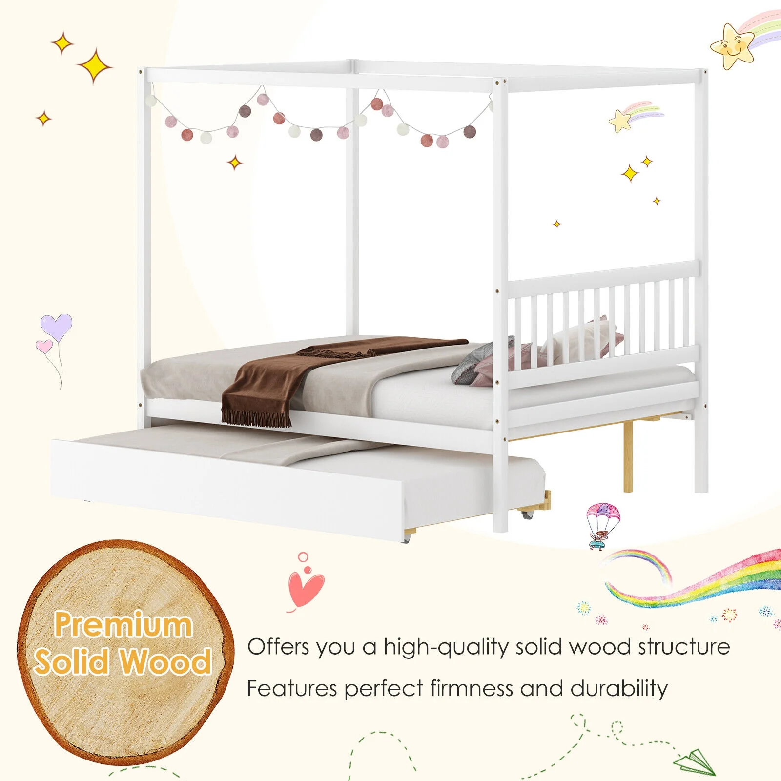 Full Size Canopy Bed With Trundle, Wooden Platform Frame, White - Image 10