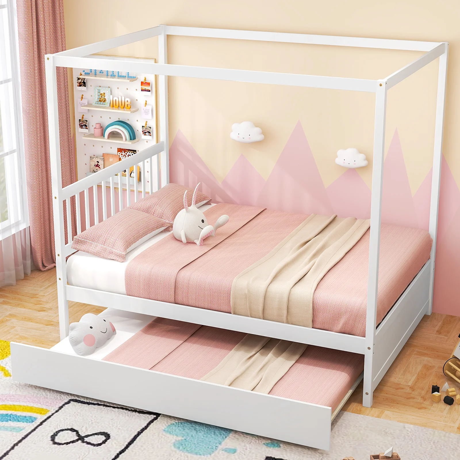 Full Size Canopy Bed With Trundle, Wooden Platform Frame, White - Image 3