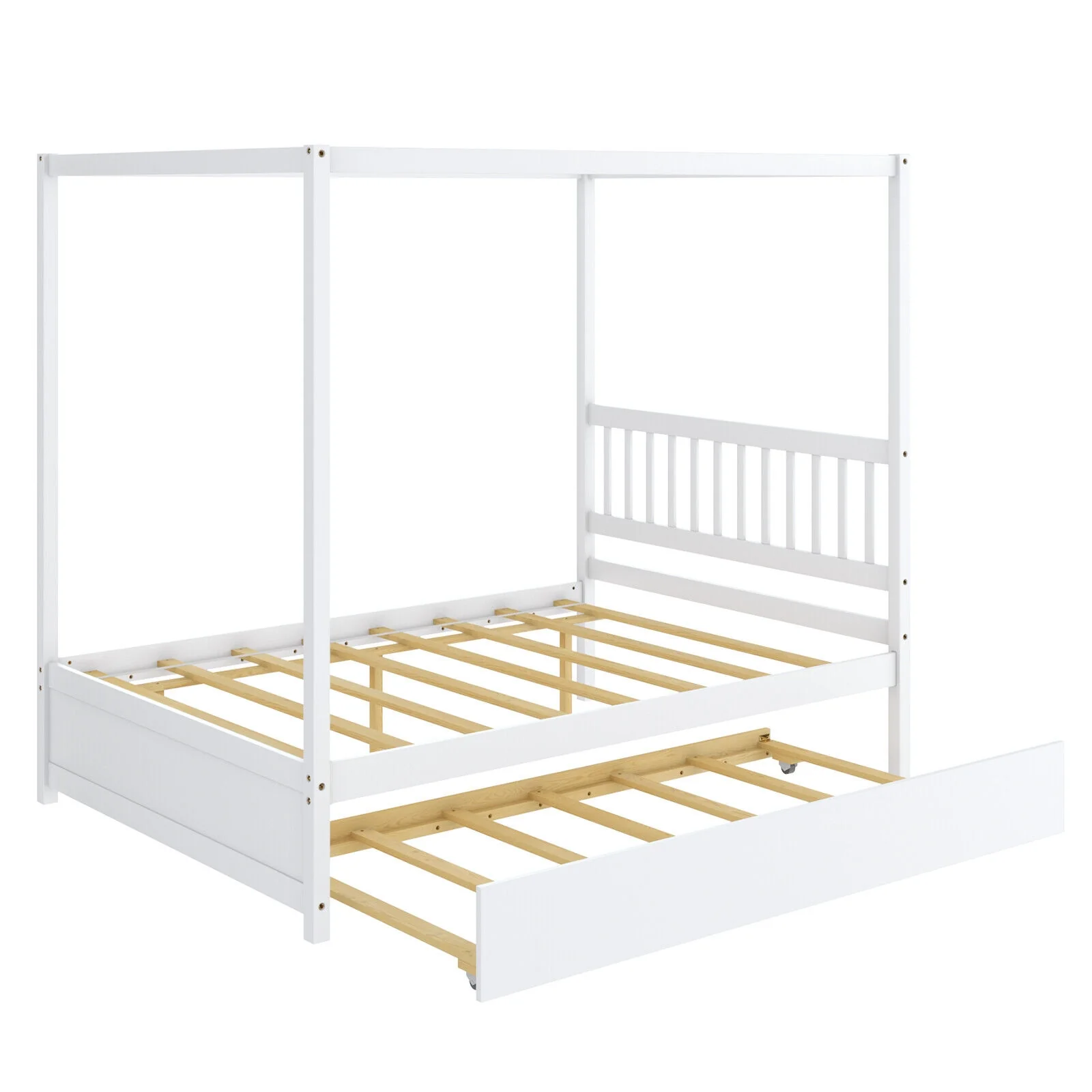 Full Size Canopy Bed With Trundle, Wooden Platform Frame, White - Image 5