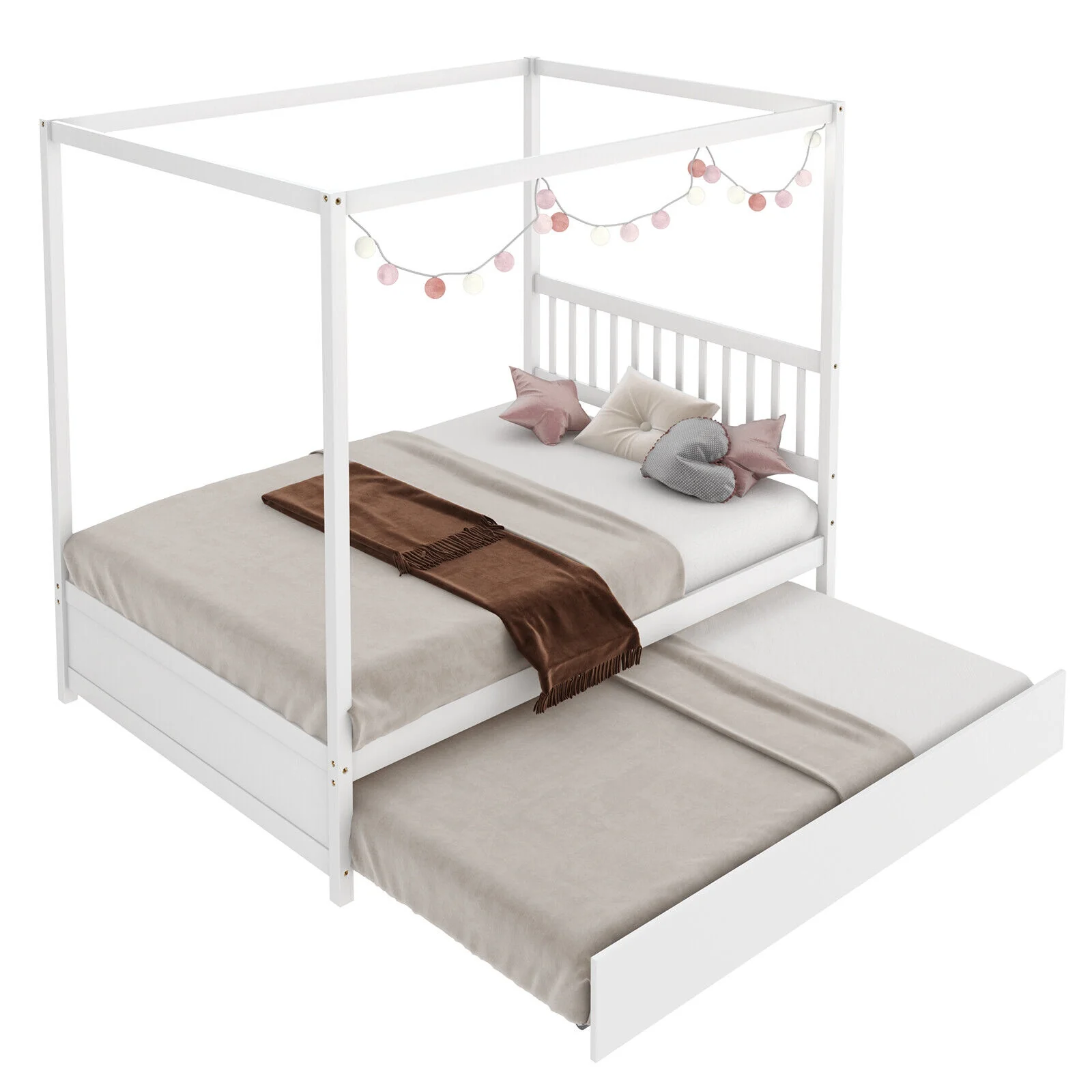 Full Size Canopy Bed With Trundle, Wooden Platform Frame, White - Image 6