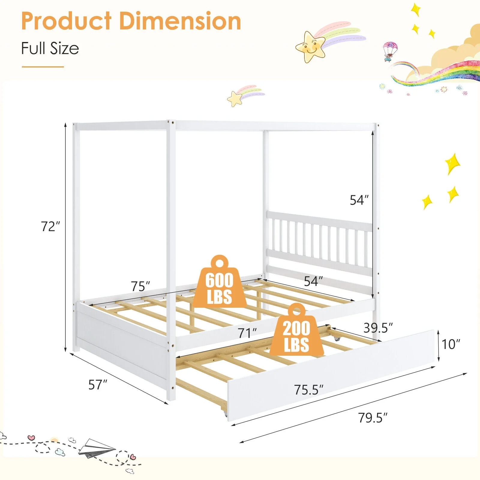 Full Size Canopy Bed With Trundle, Wooden Platform Frame, White - Image 7