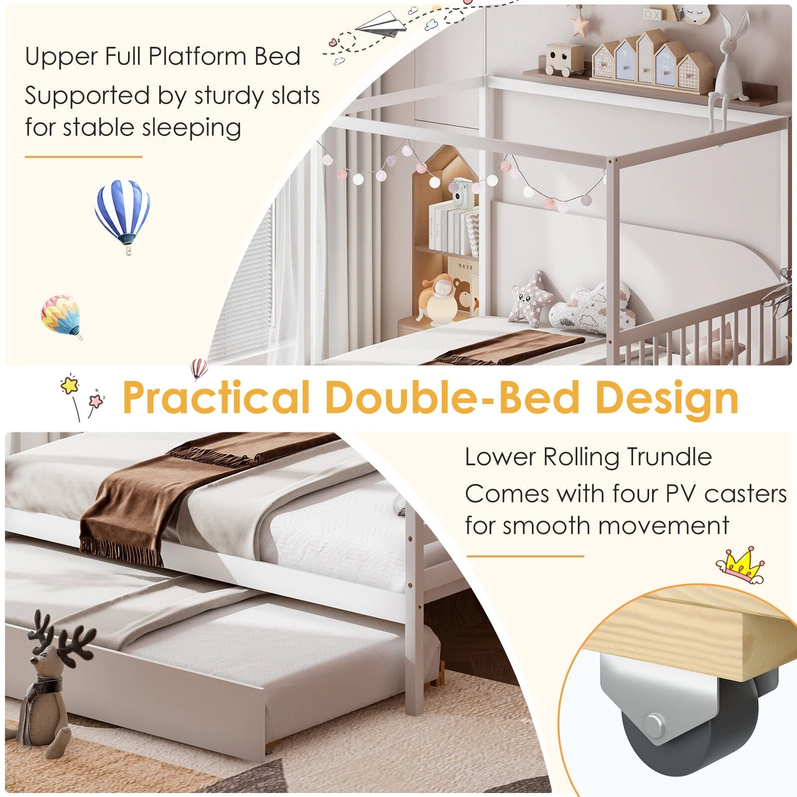 Full Size Canopy Bed With Trundle, Wooden Platform Frame, White - Image 8