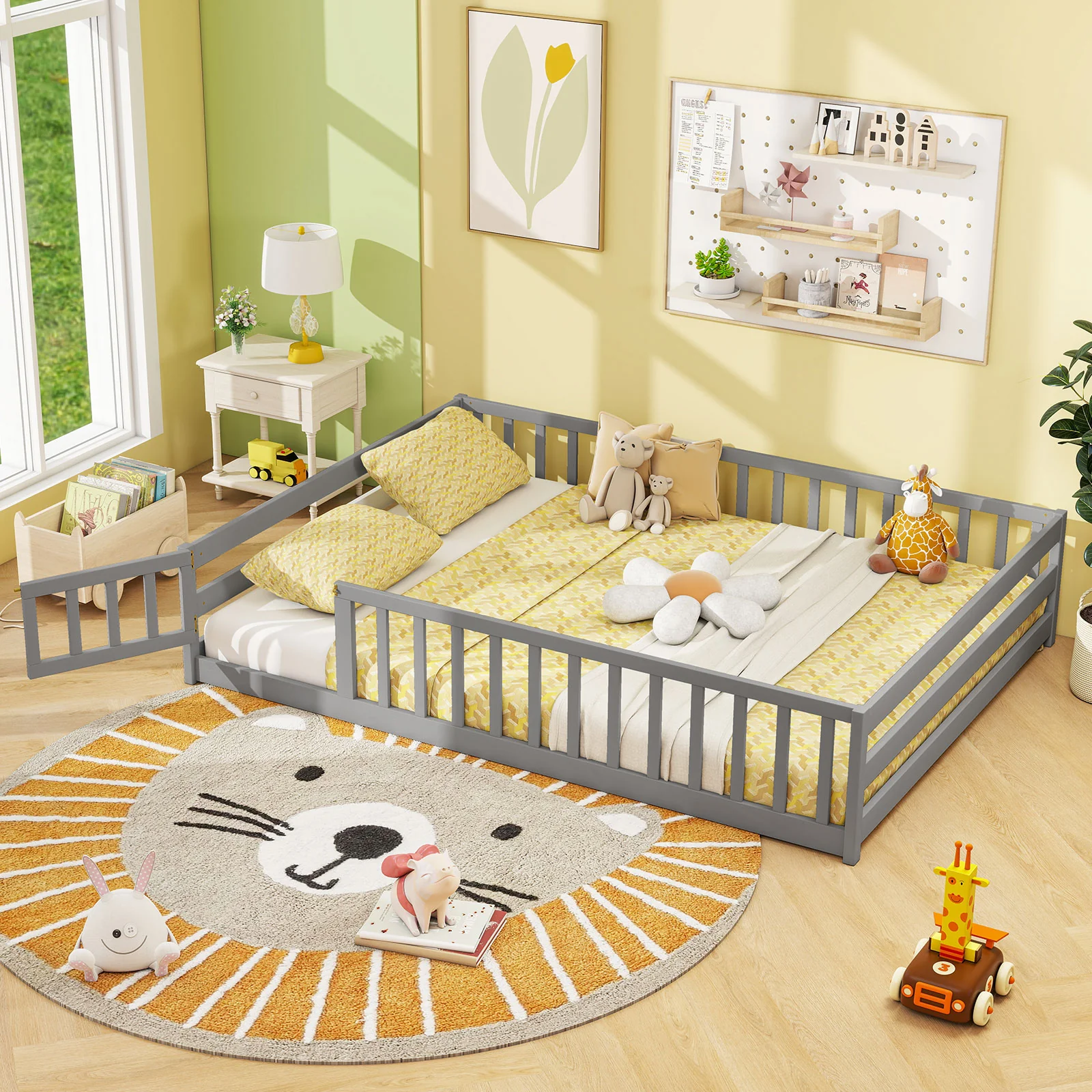 Full Size Floor Bed, Full Length Safety Guardrails, Gray - Image 2