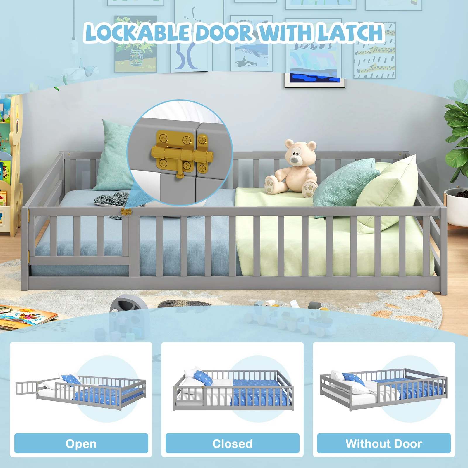 Full Size Floor Bed, Full Length Safety Guardrails, Gray - Image 7