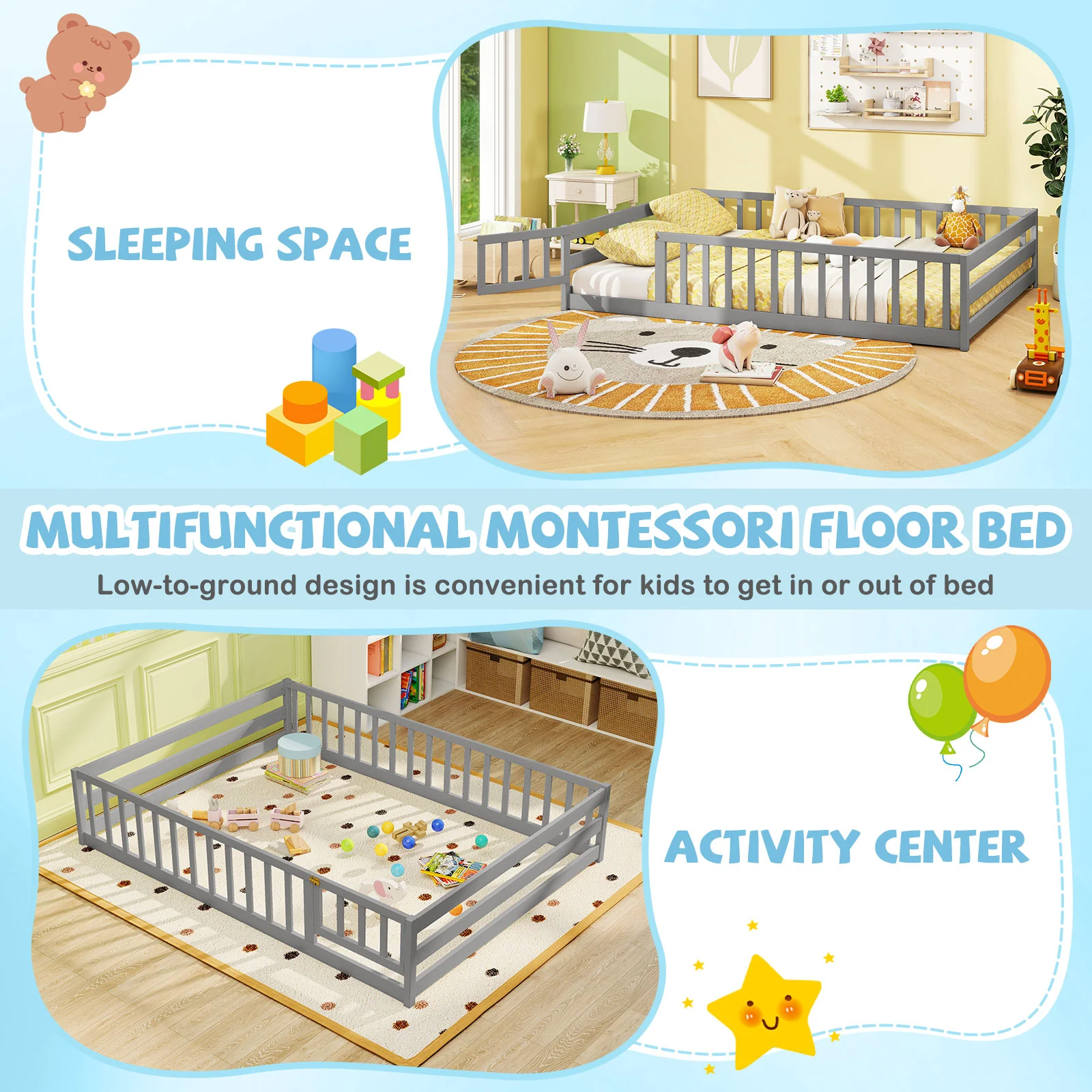 Full Size Floor Bed, Full Length Safety Guardrails, Gray - Image 8