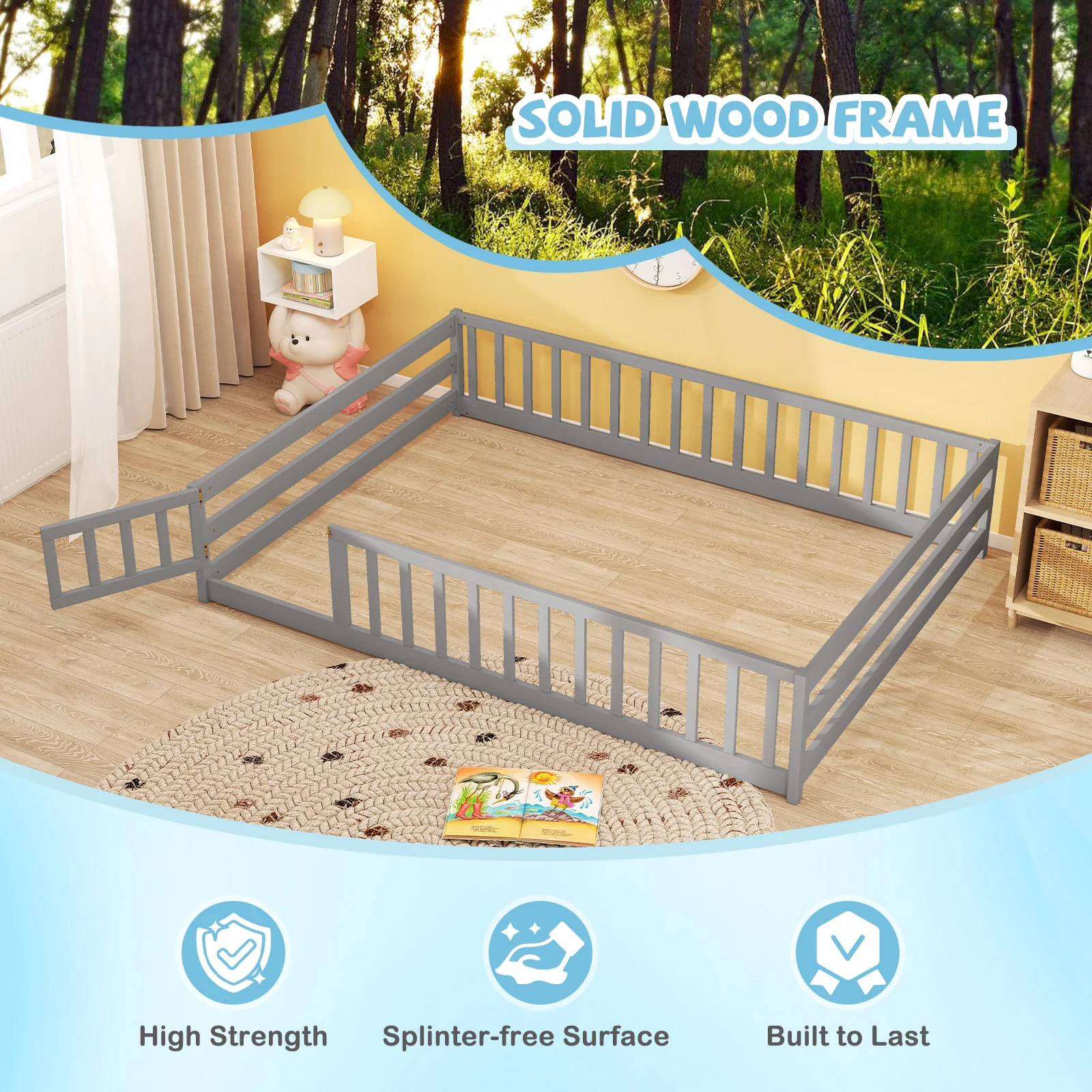 Full Size Floor Bed, Full Length Safety Guardrails, Gray - Image 9