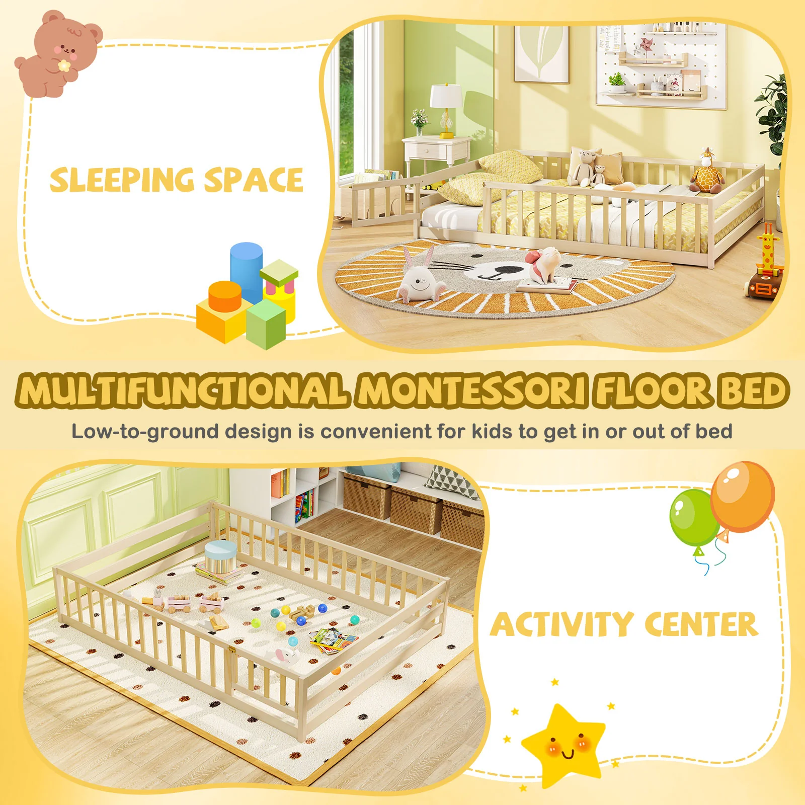 Full Size Floor Bed With Full Length Safety Guardrails, Natural - Image 10