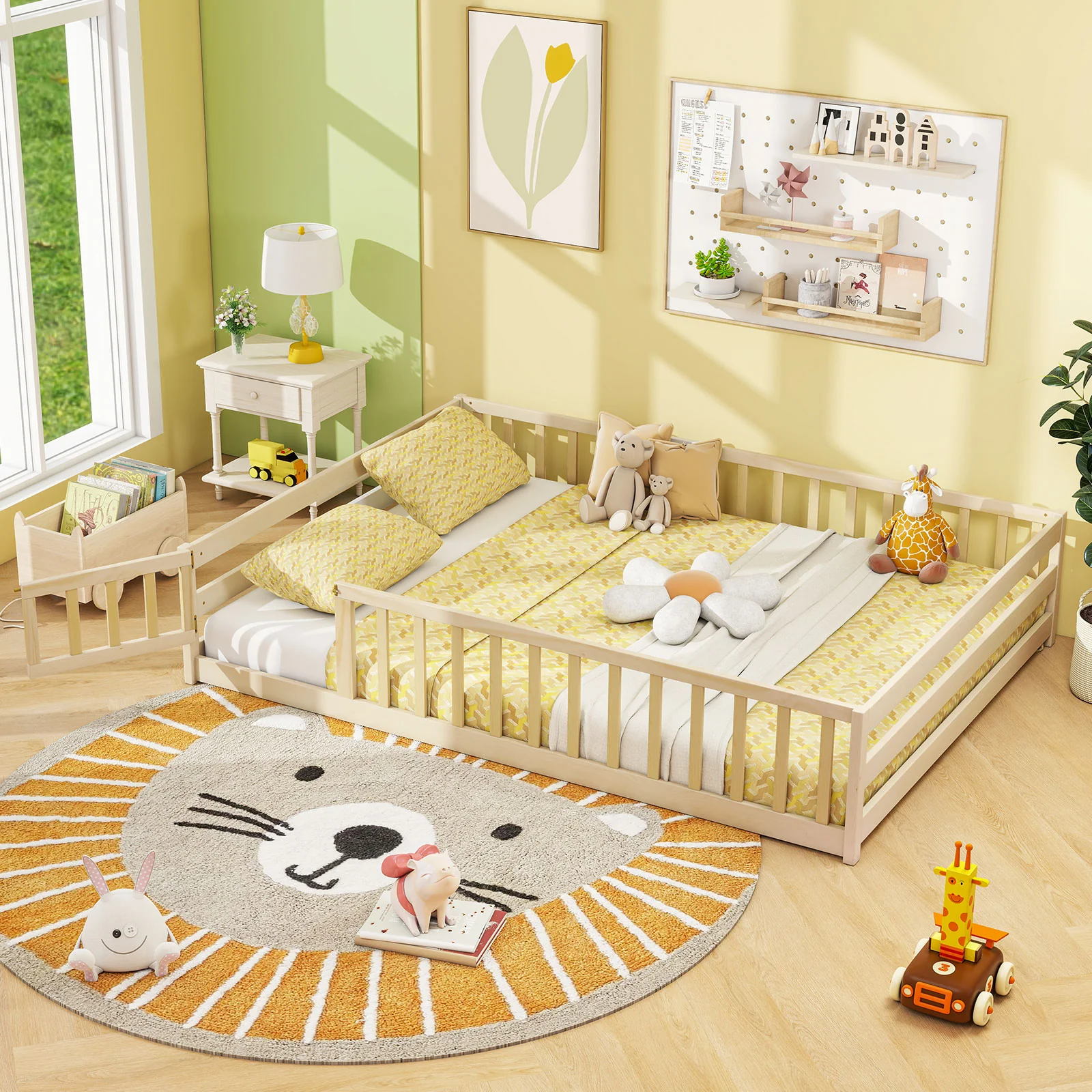 Full Size Floor Bed With Full Length Safety Guardrails, Natural - Image 2