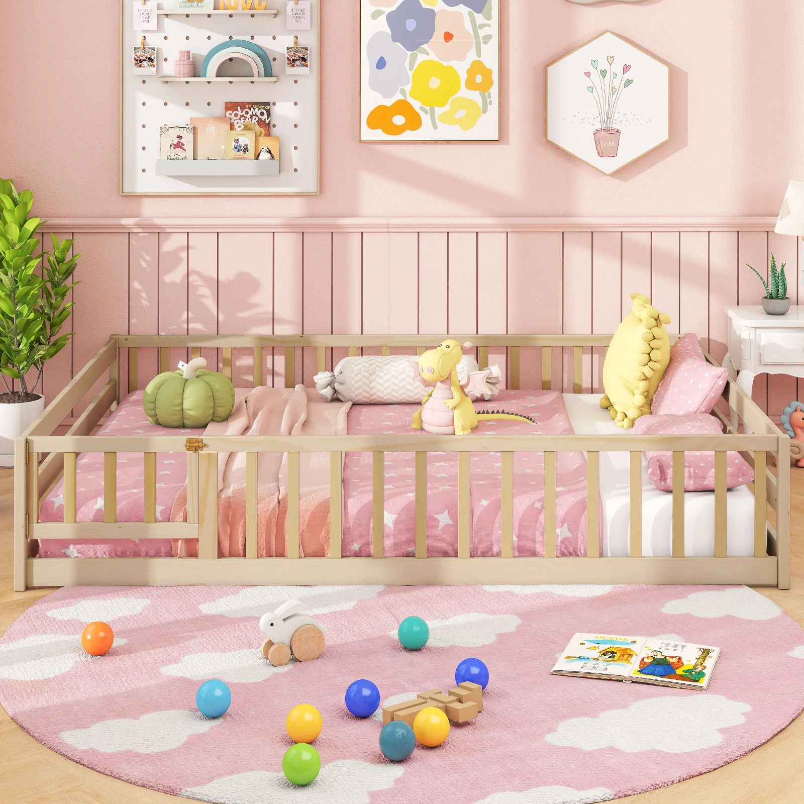 Full Size Floor Bed With Full Length Safety Guardrails, Natural - Image 3