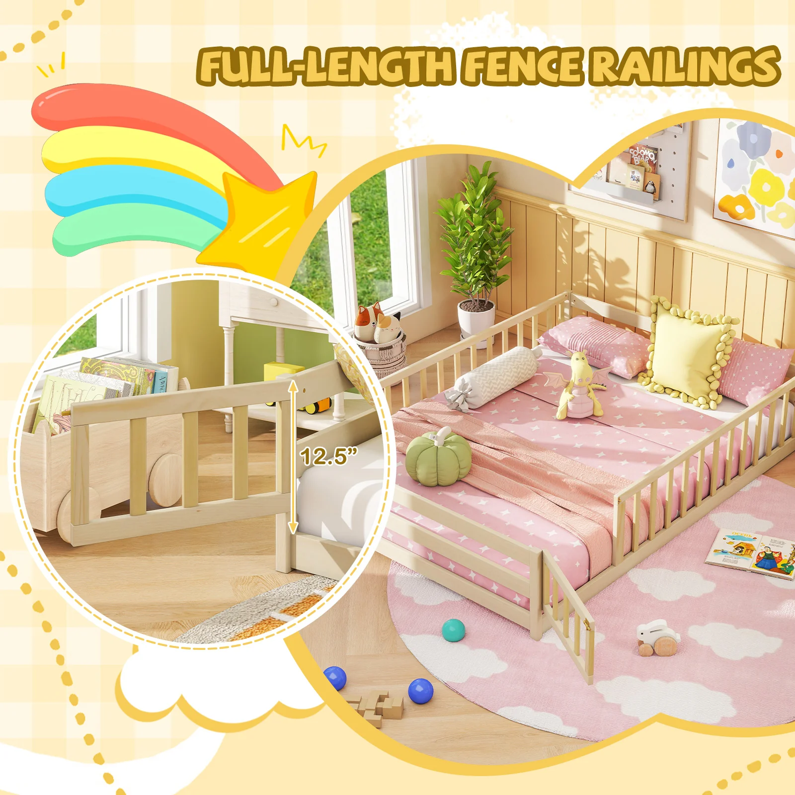 Full Size Floor Bed With Full Length Safety Guardrails, Natural - Image 6