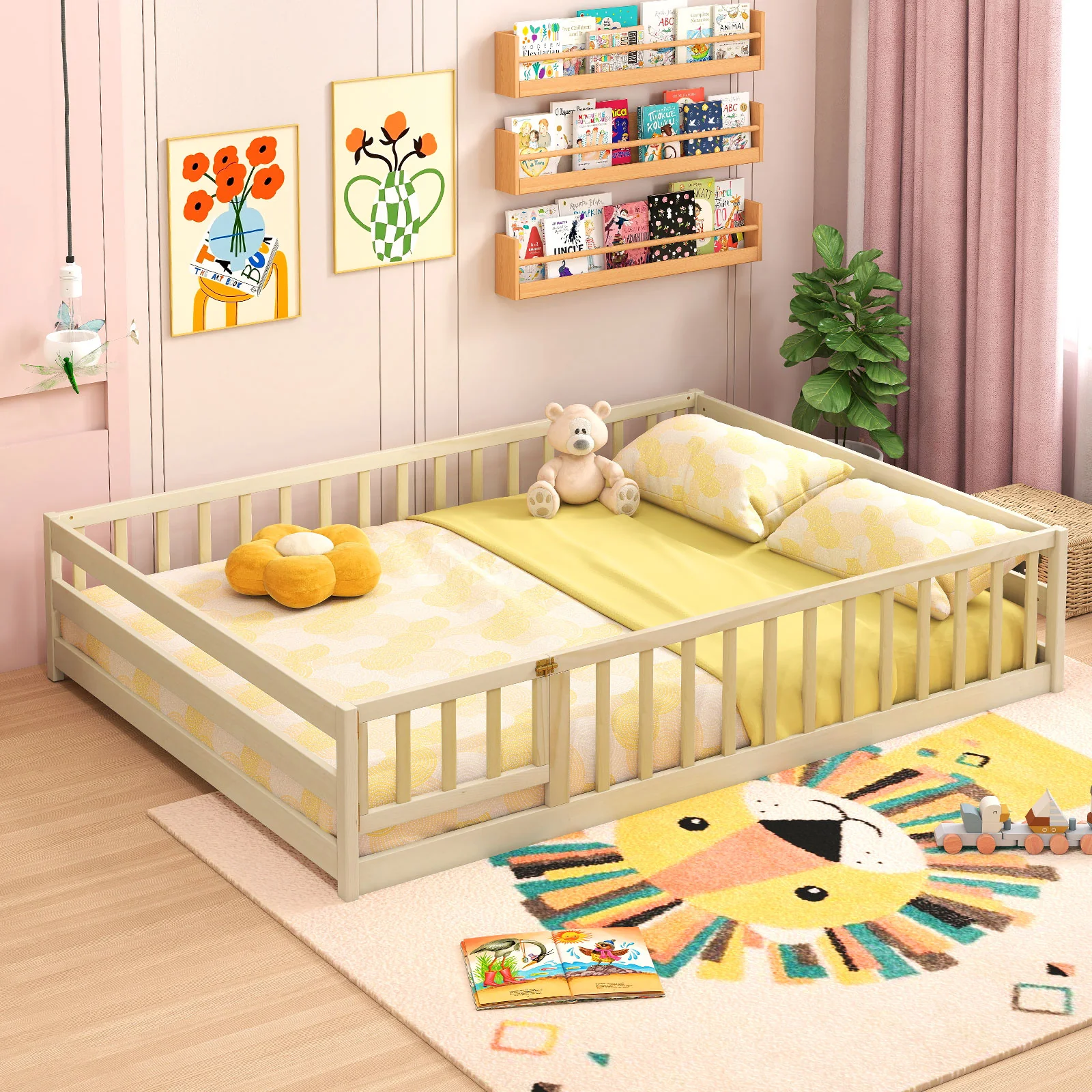 Full Size Floor Bed With Full Length Safety Guardrails, Natural - Image 7