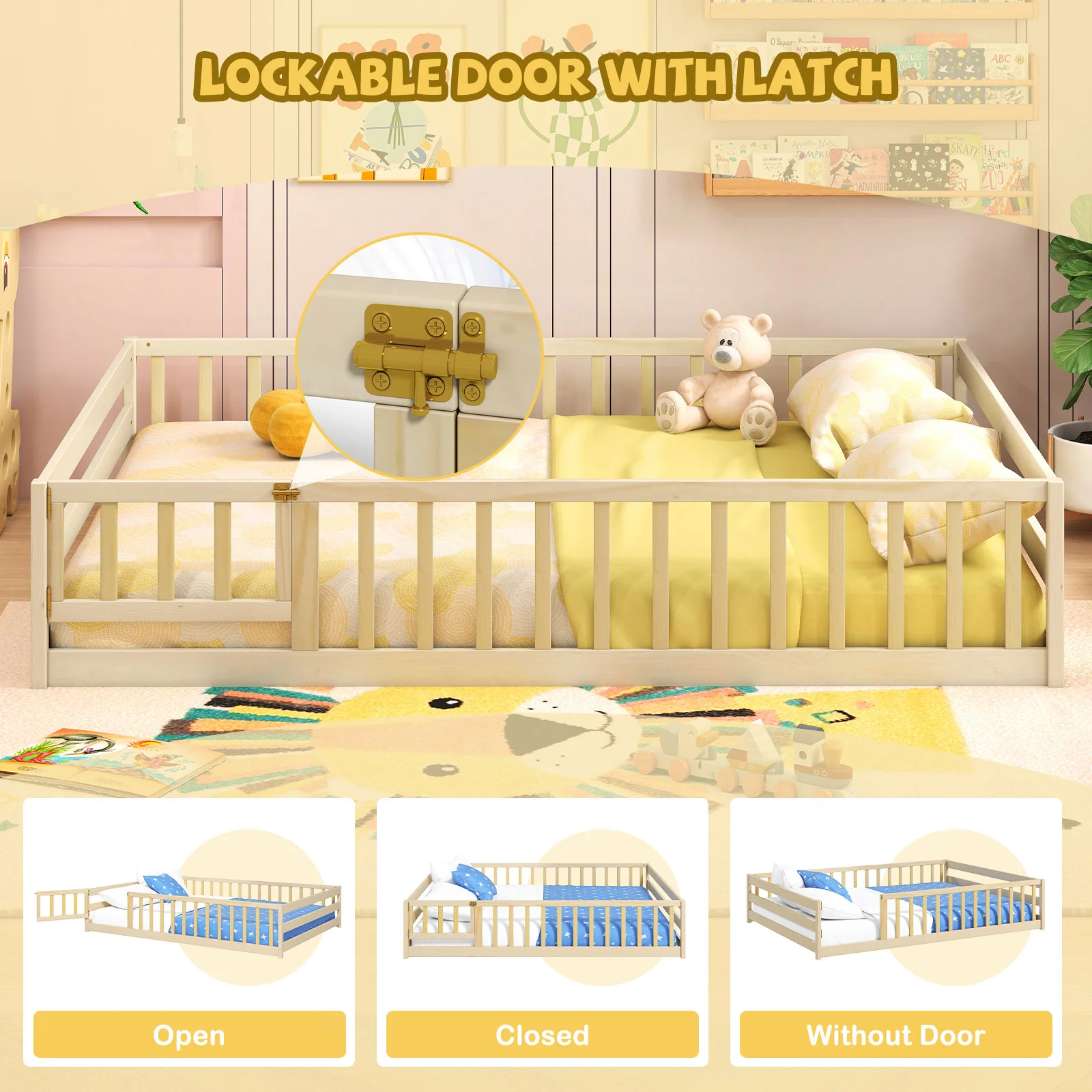 Full Size Floor Bed With Full Length Safety Guardrails, Natural - Image 8
