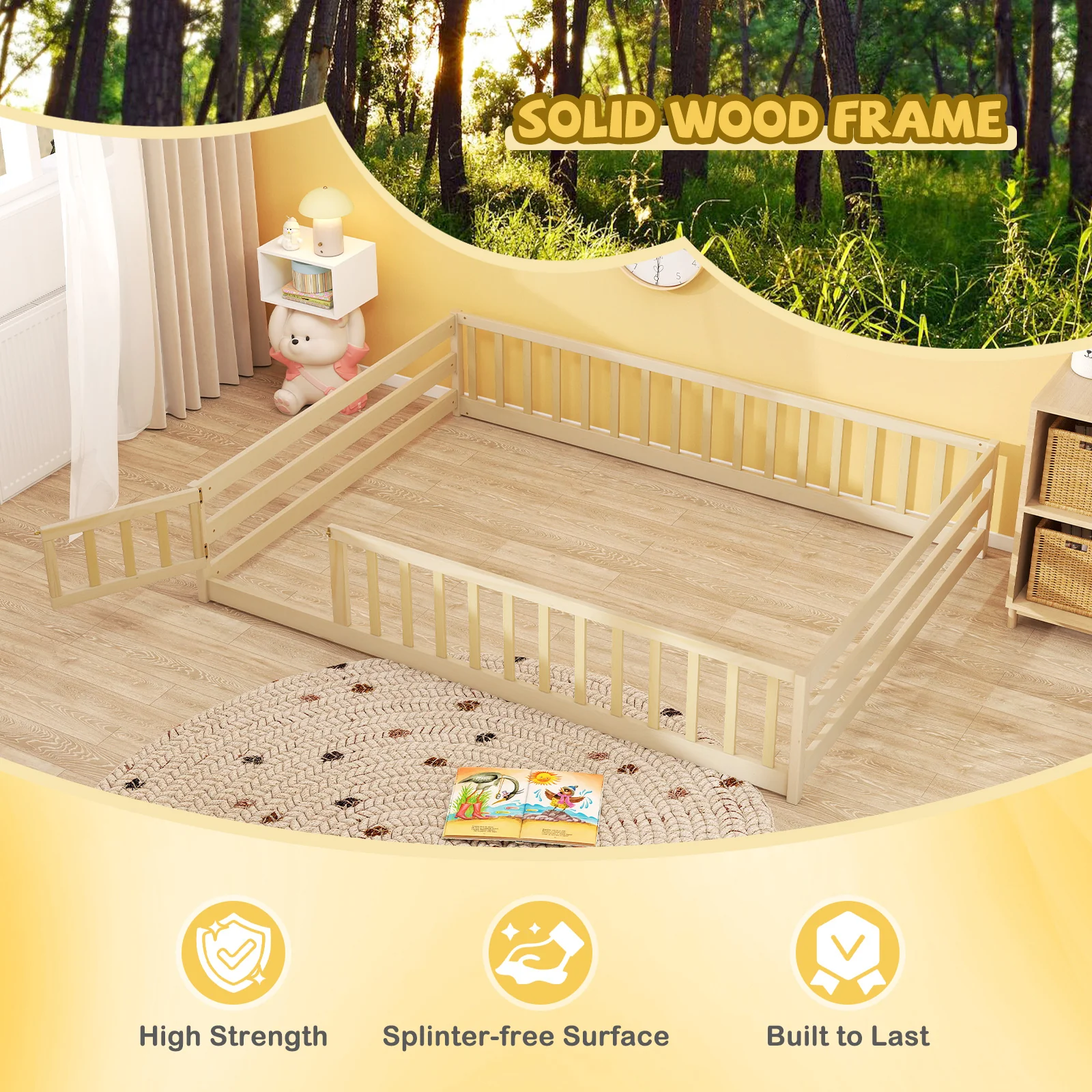 Full Size Floor Bed With Full Length Safety Guardrails, Natural - Image 9