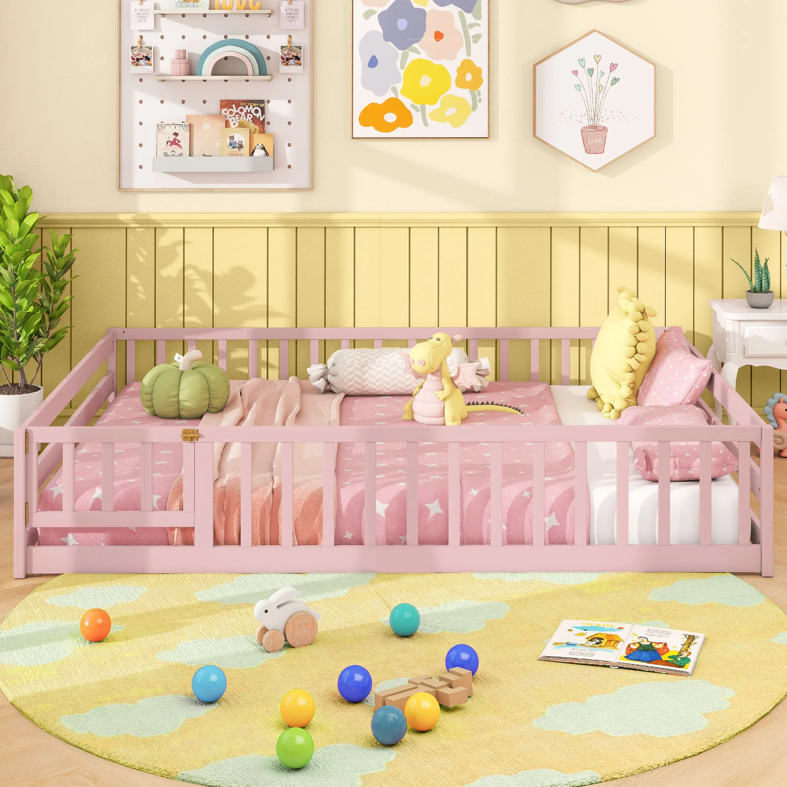 Full Size Floor Bed With Full Length Safety Guardrails, Pink - Image 3