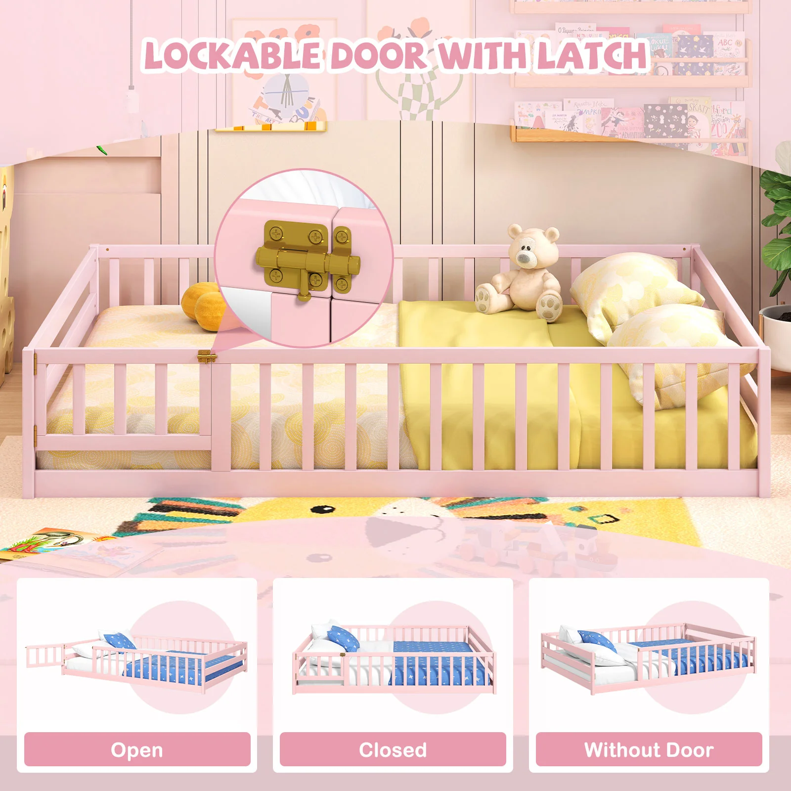 Full Size Floor Bed With Full Length Safety Guardrails, Pink - Image 9
