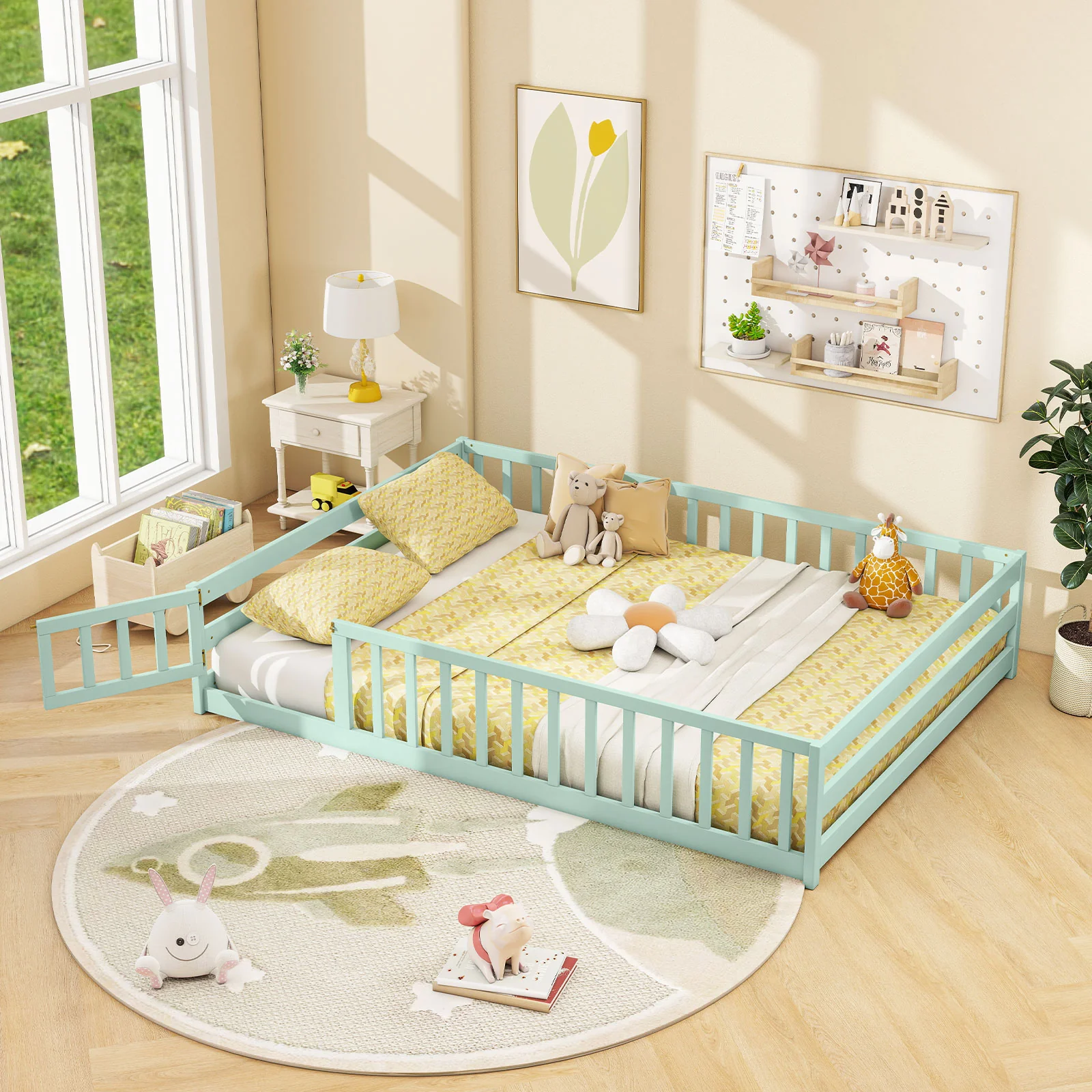 Full Size Floor Bed With Safety Guardrails, Light Green - Image 2