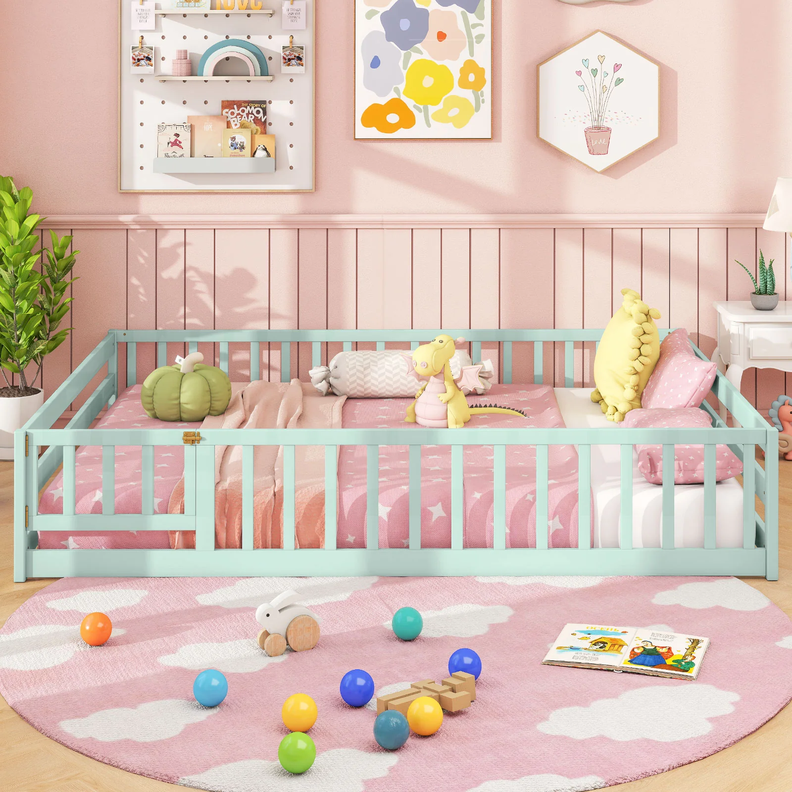 Full Size Floor Bed With Safety Guardrails, Light Green - Image 3