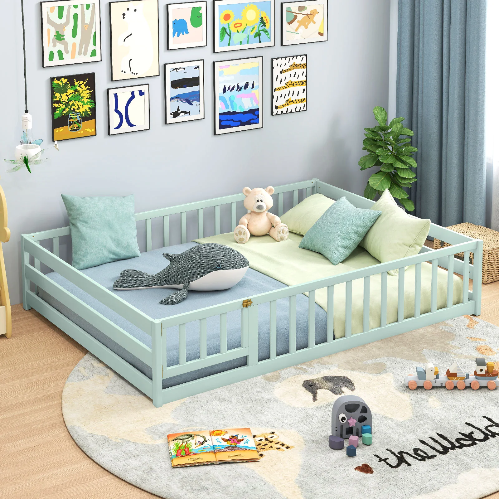 Full Size Floor Bed With Safety Guardrails, Light Green - Image 7