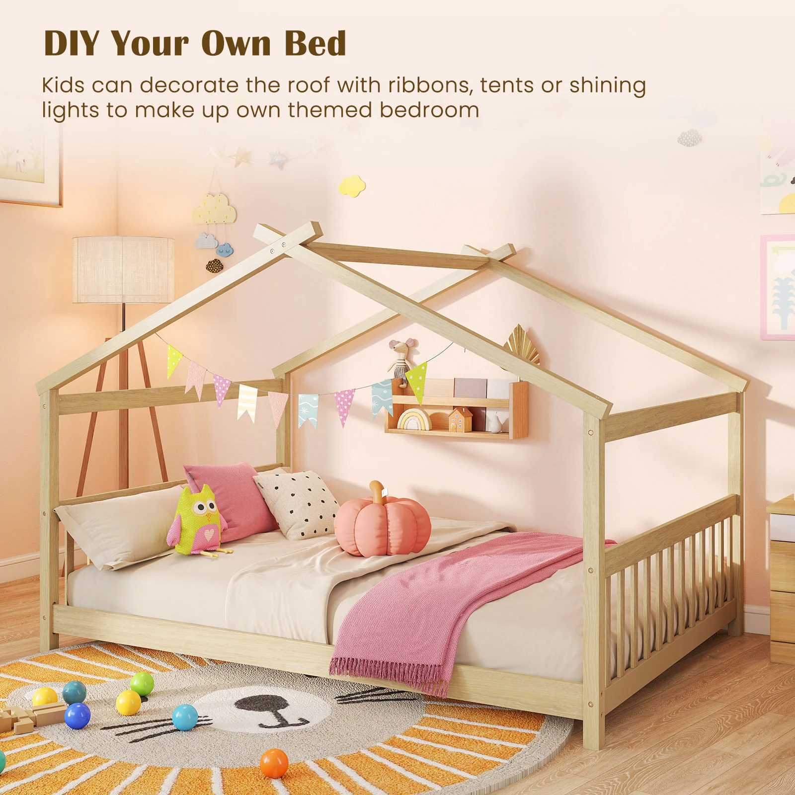 Full Size House Bed, Montessori Floor Bed With Headboard, Natural - Image 10