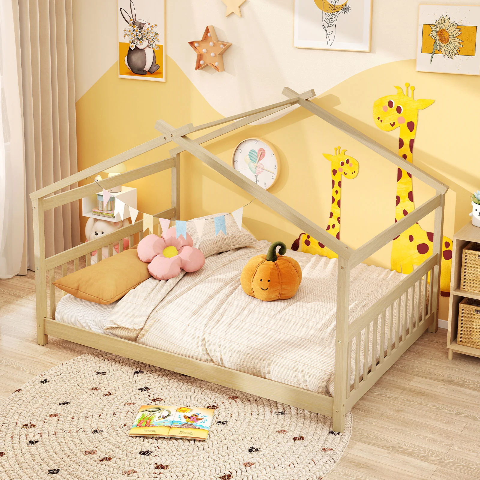 Full Size House Bed, Montessori Floor Bed With Headboard, Natural - Image 3