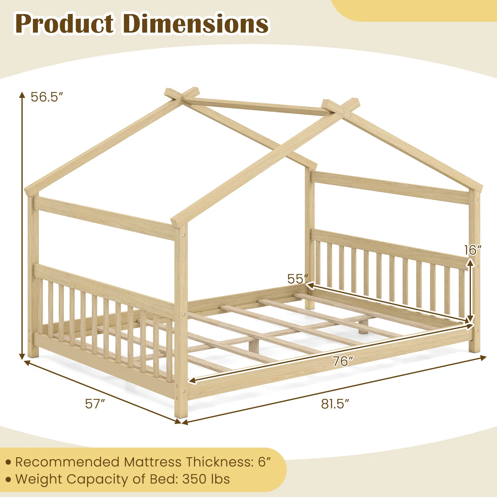 Full Size House Bed, Montessori Floor Bed With Headboard, Natural - Image 5